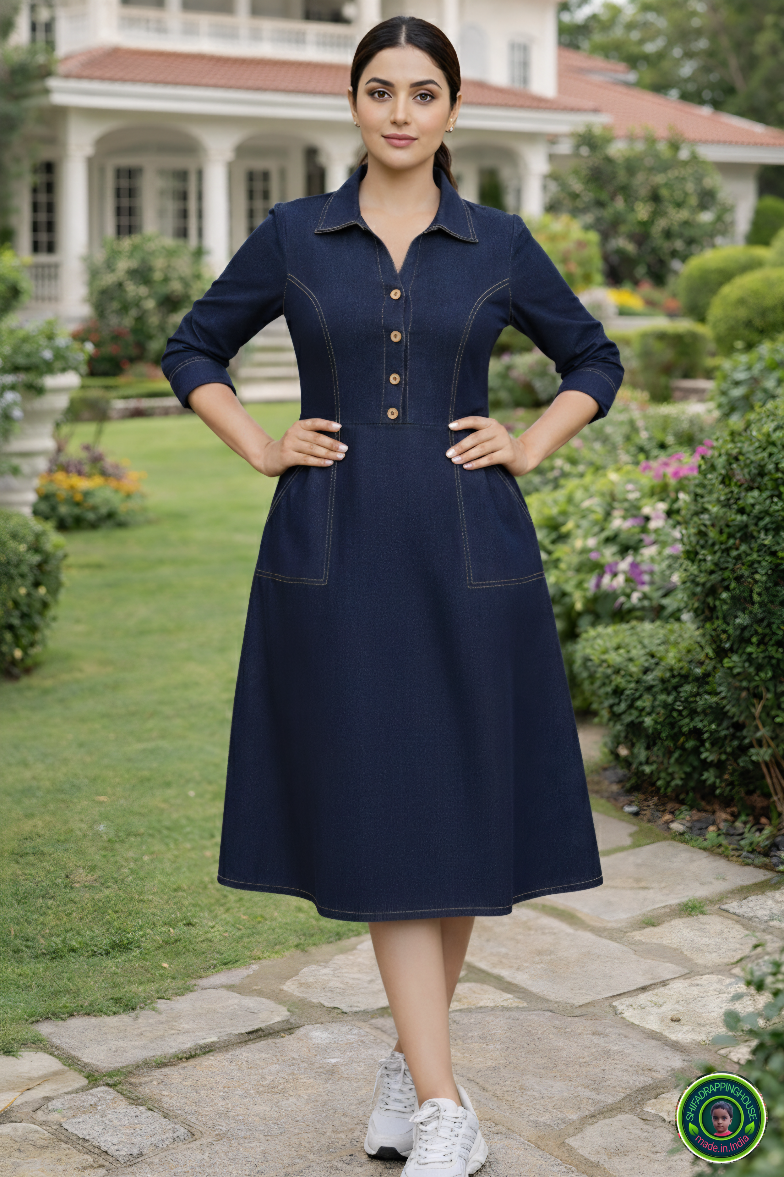 Indo-Western Elite: Princess-Cut Soft Denim Midi Dress with Wooden Acc – Shifa Drapping house