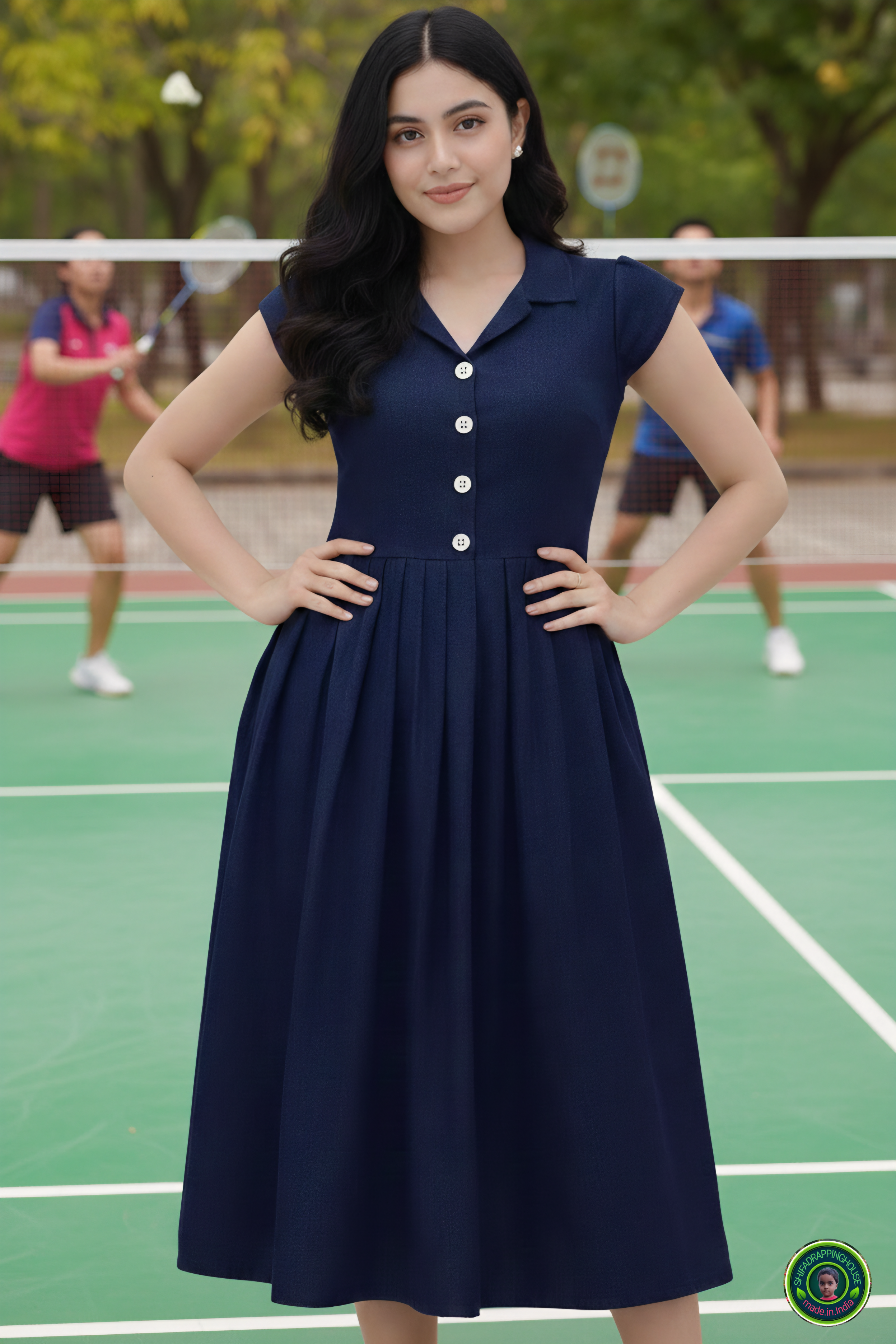 The Tennis Ace: Navy Blue Denim Midi with Jacket Collar & Cap Sleeves – Shifa Drapping house
