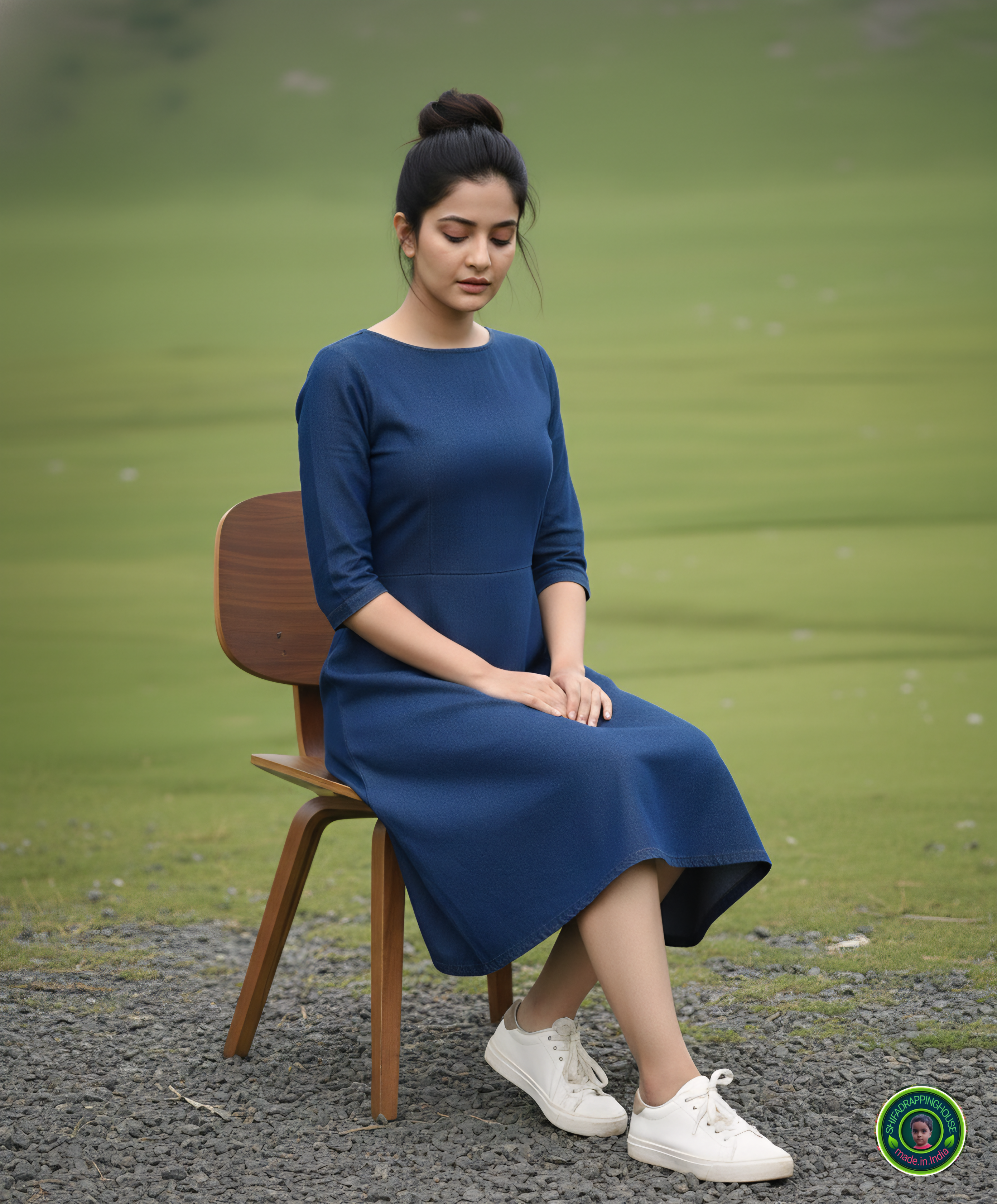 Elite Navy Blue Denim A-Line Midi Dress with Concealed Back Zipper & S – Shifa Drapping house