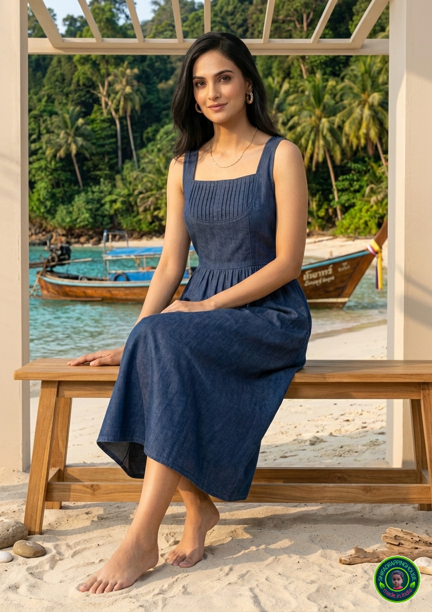 sapphire denim dress Puff Sleeve Denim Dress