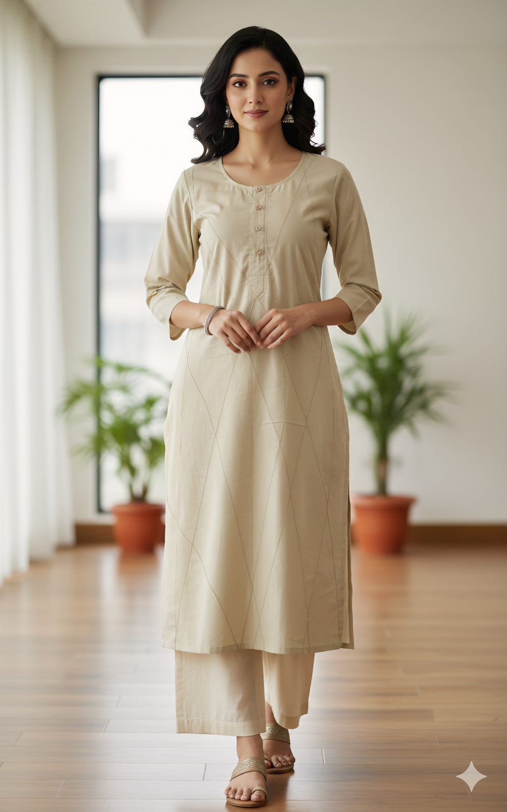 Women's Beige Cotton Straight Kurta with Geometric Stitching & 3/4 Sleeves