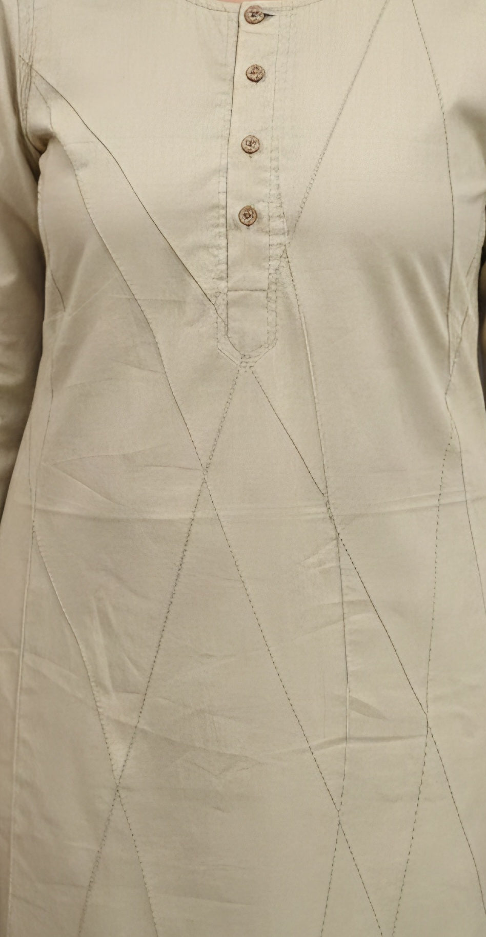 Women's Beige Cotton Straight Kurta with Geometric Stitching & 3/4 Sleeves