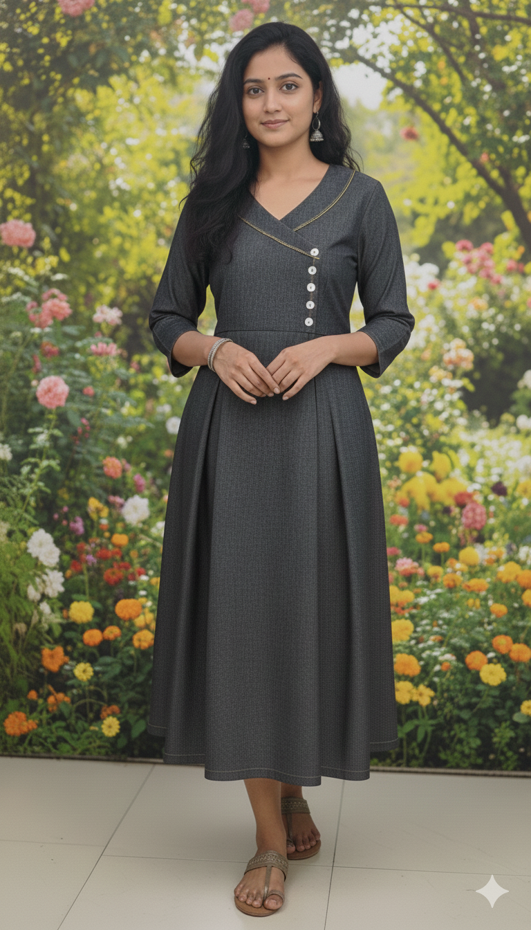 Stylish Office & Casual Wear Grey A-Line Dress with Button Detail