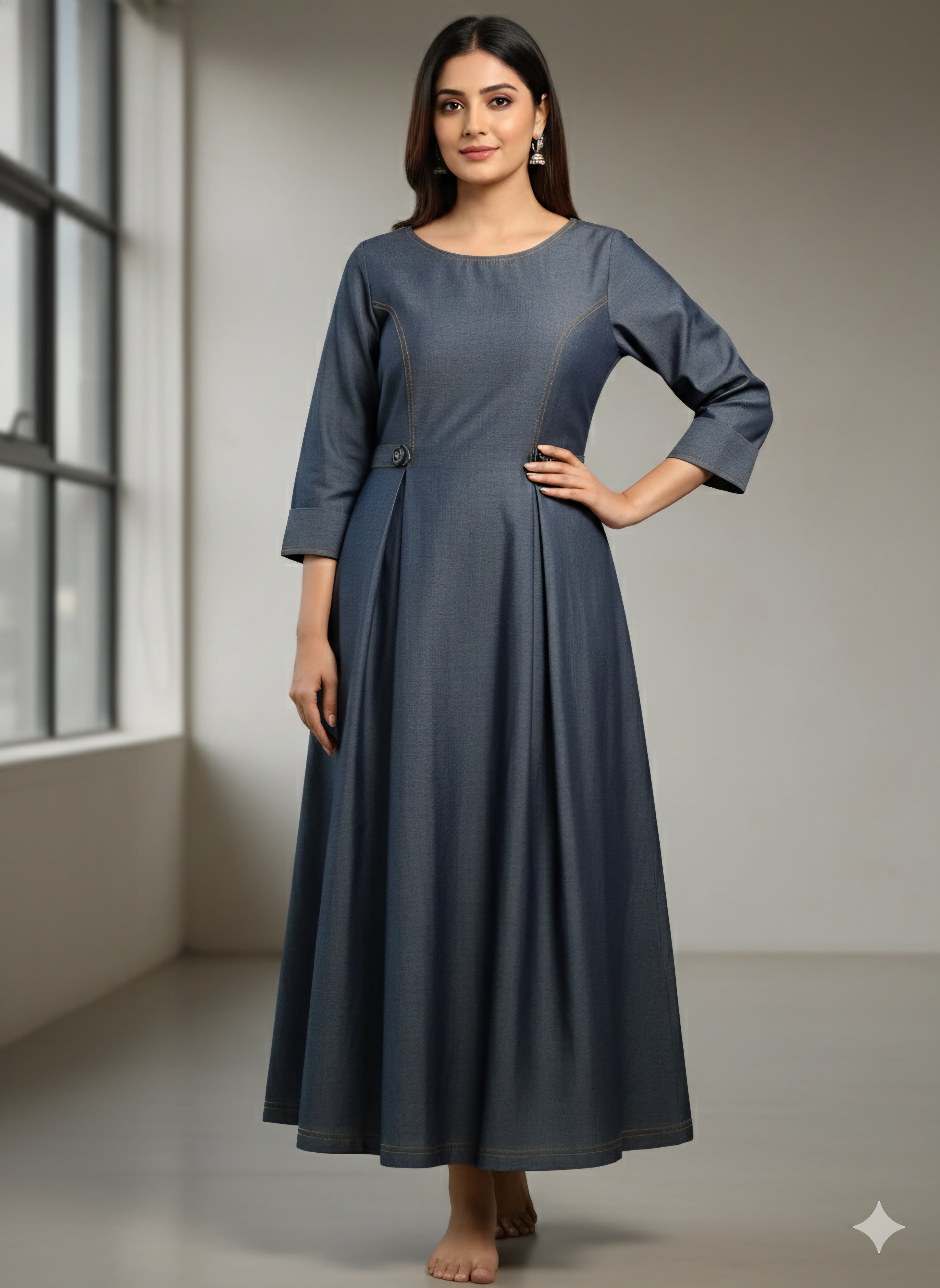 Elegant Indigo Denim A-Line Maxi Dress with Contrast StitchingPrincess Cut with Button Details