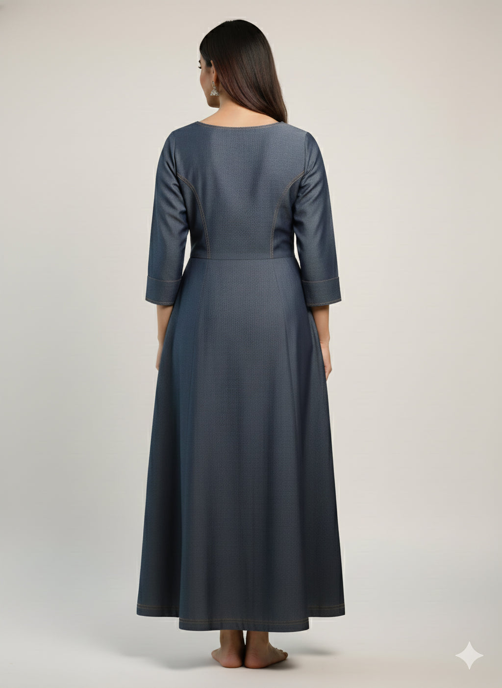 Elegant Indigo Denim A-Line Maxi Dress with Contrast StitchingPrincess Cut with Button Details