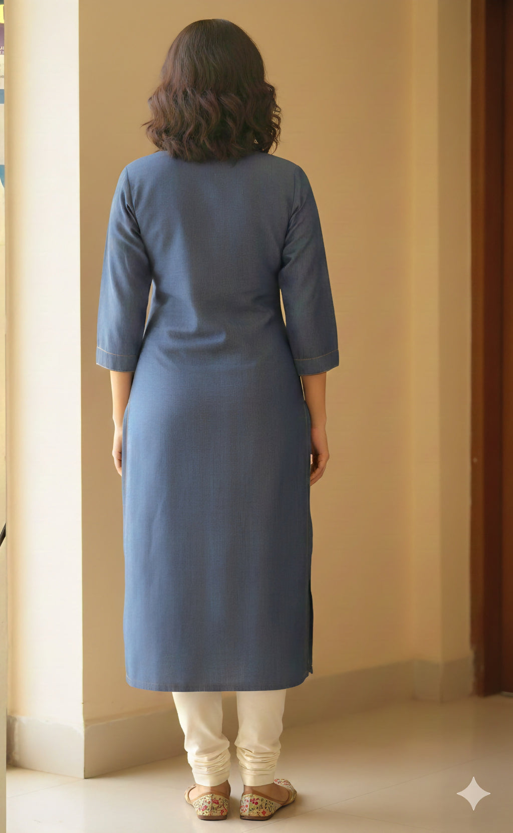 Women's Indigo. Denim Blue Kurti - Pintuck Style Stitching & Shell Button Details