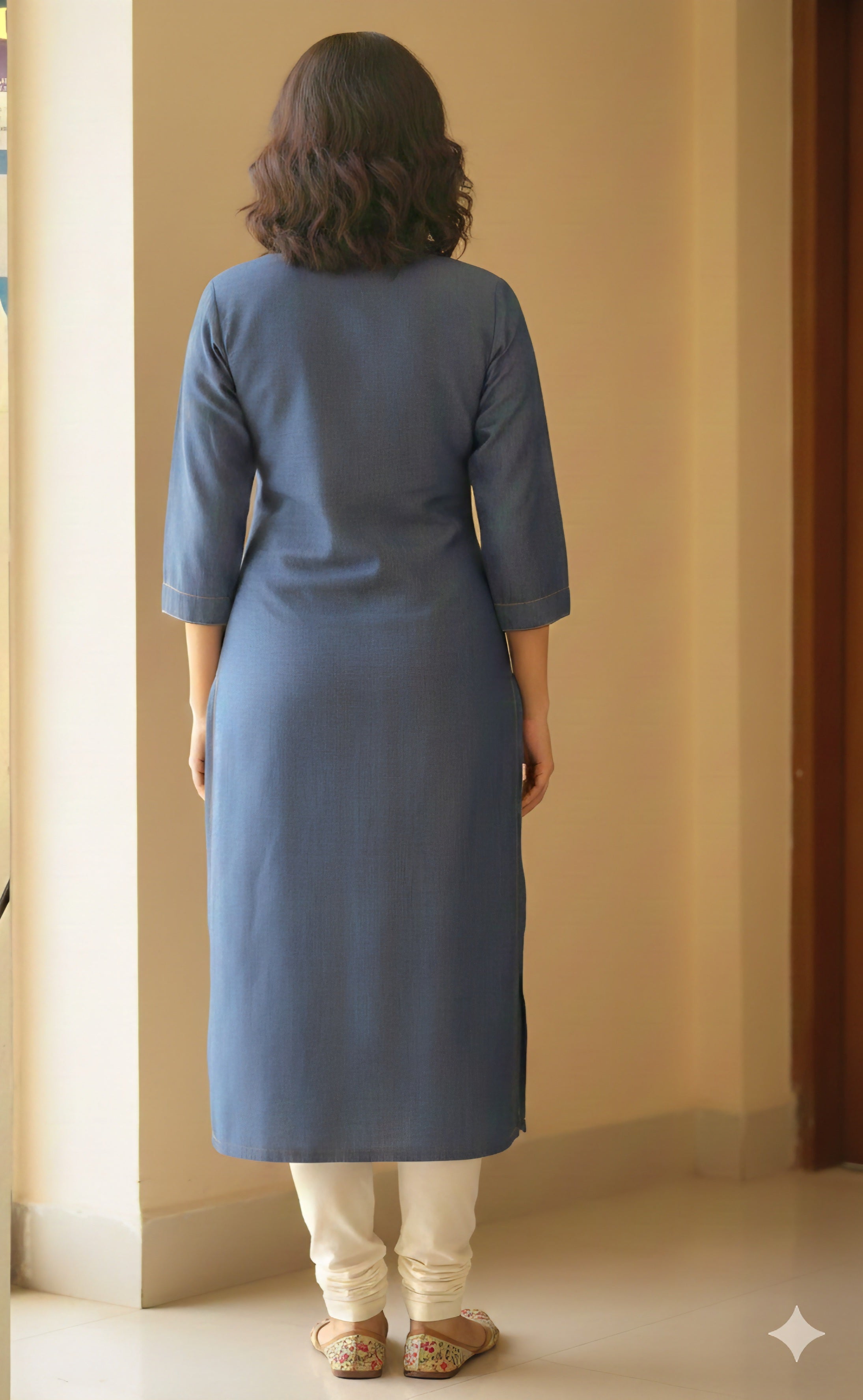 Women's Indigo. Denim Blue Kurti - Pintuck Style Stitching & Shell Button Details