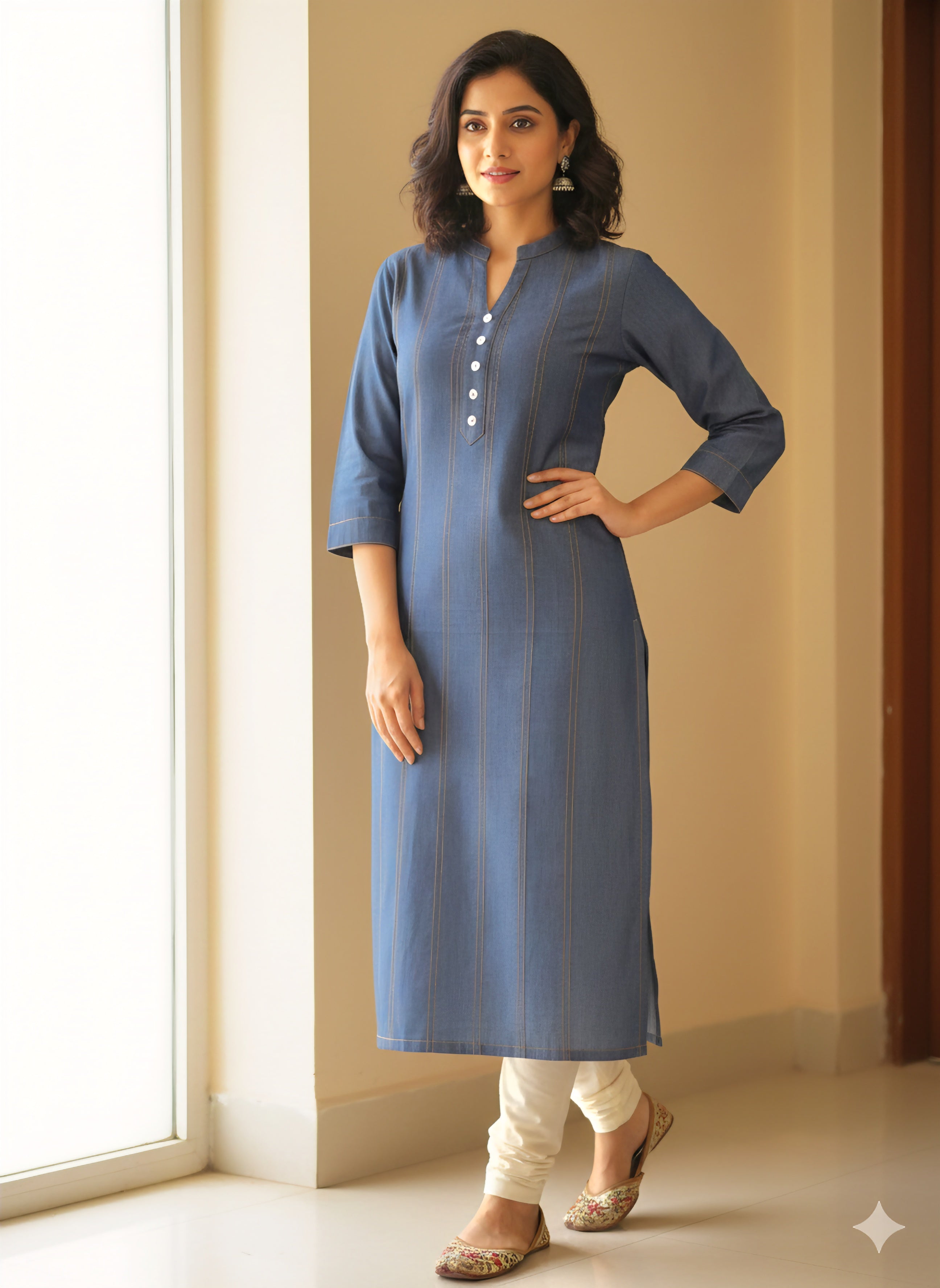 Women's Indigo. Denim Blue Kurti - Pintuck Style Stitching & Shell Button Details