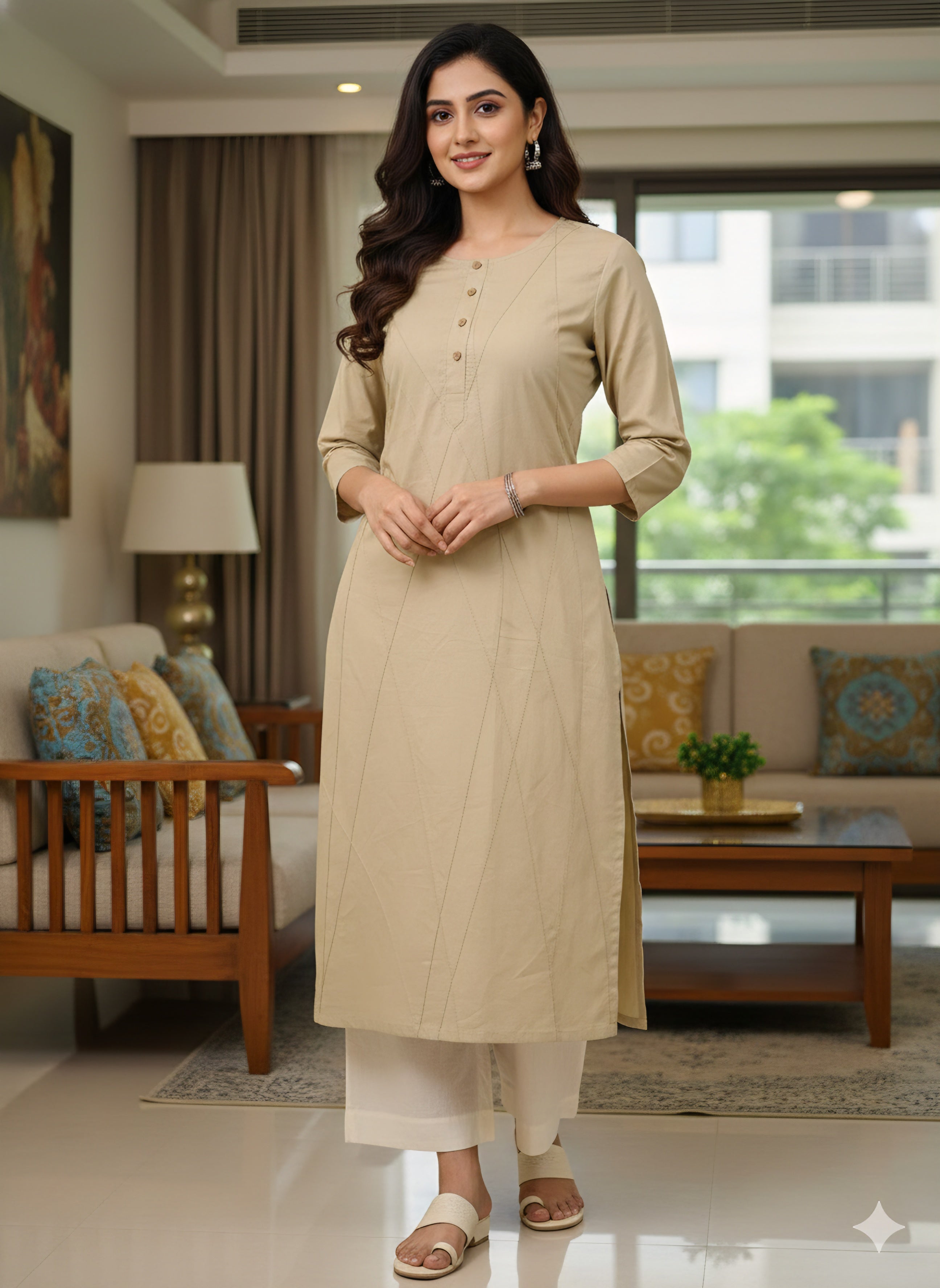 Women's Beige Cotton Straight Kurta with Geometric Stitching & 3/4 Sleeves