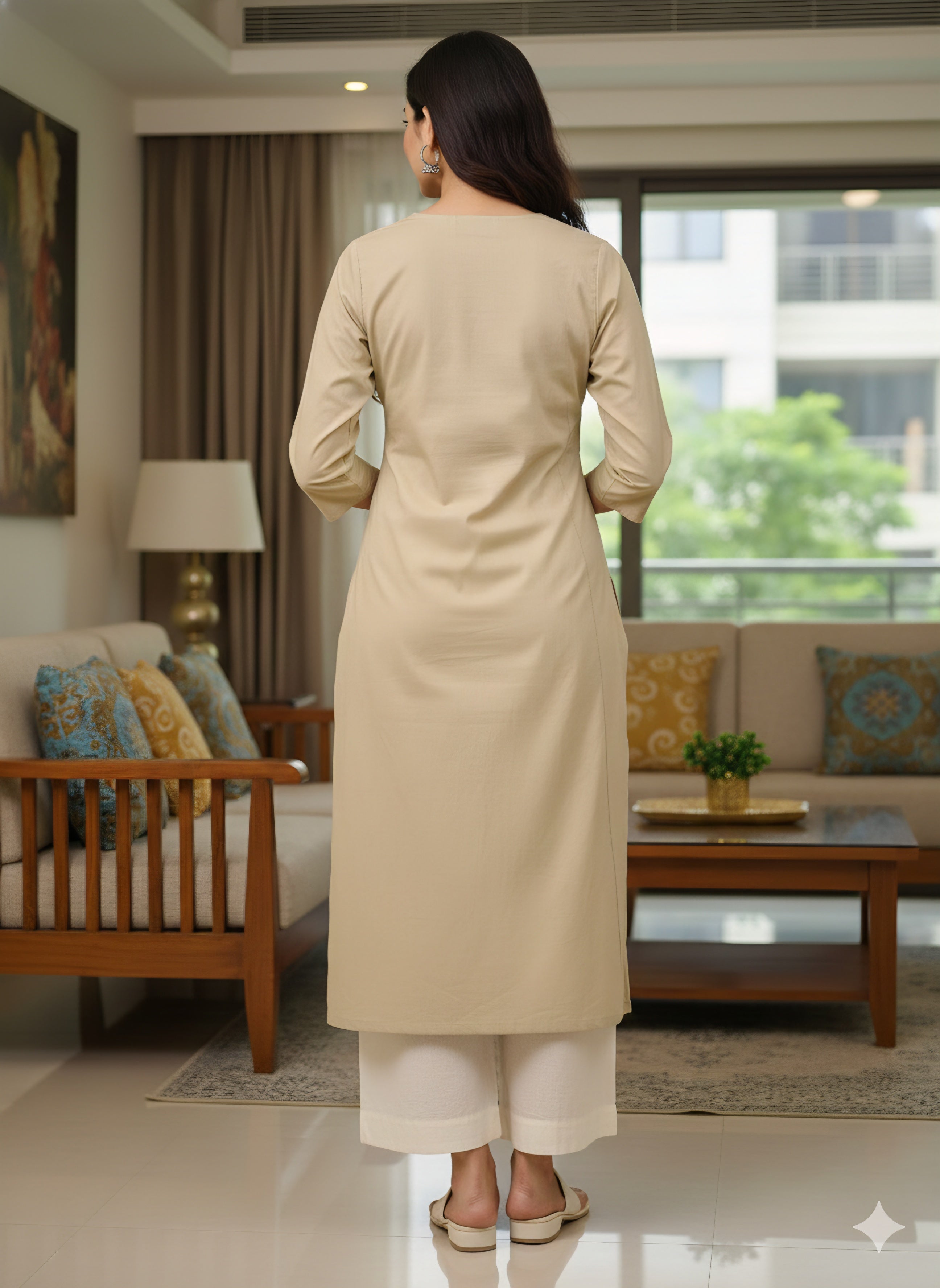 Women's Beige Cotton Straight Kurta with Geometric Stitching & 3/4 Sleeves