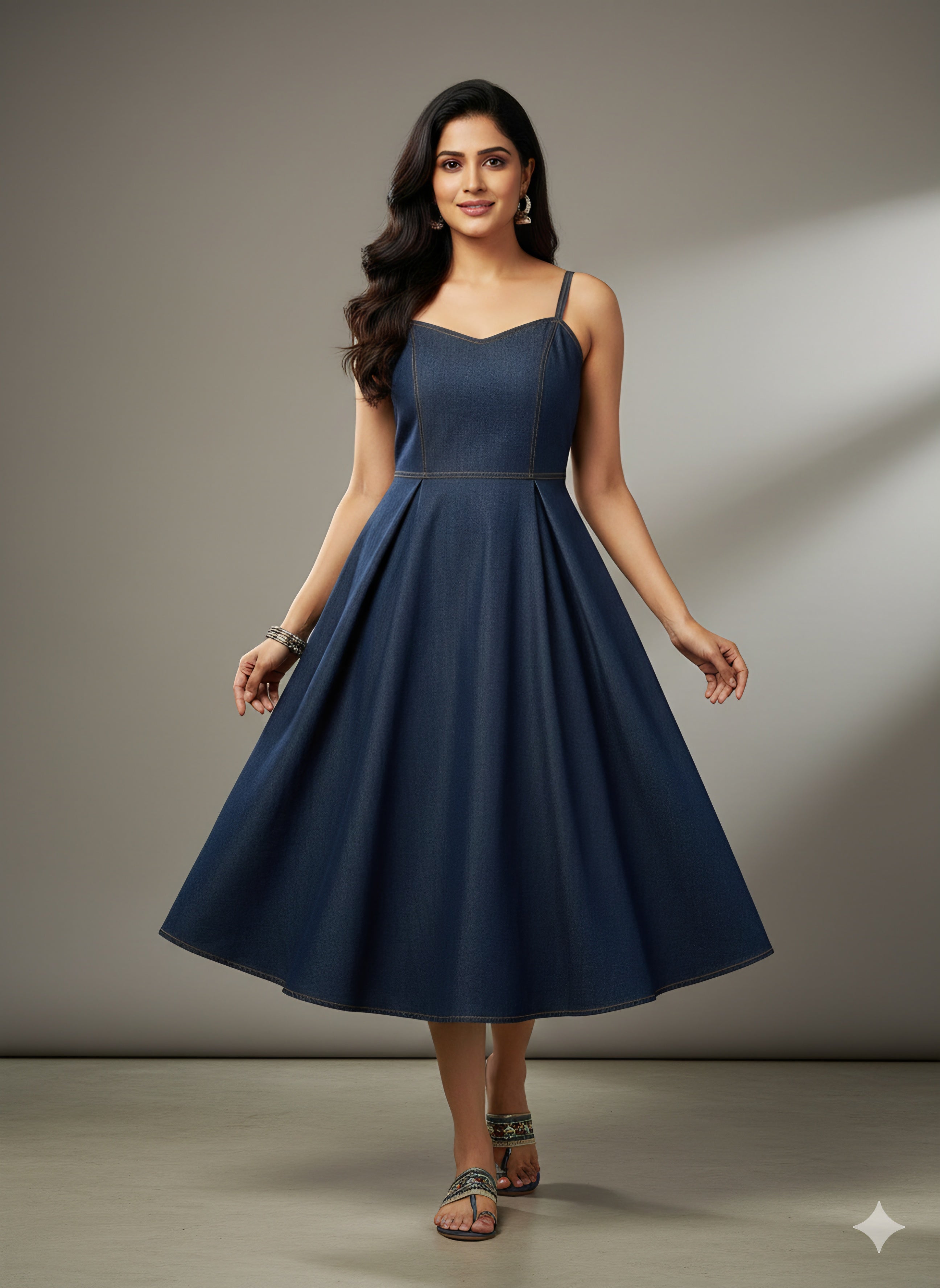 Summer Special Denim Fit & Flare Dress with Adjustable Straps