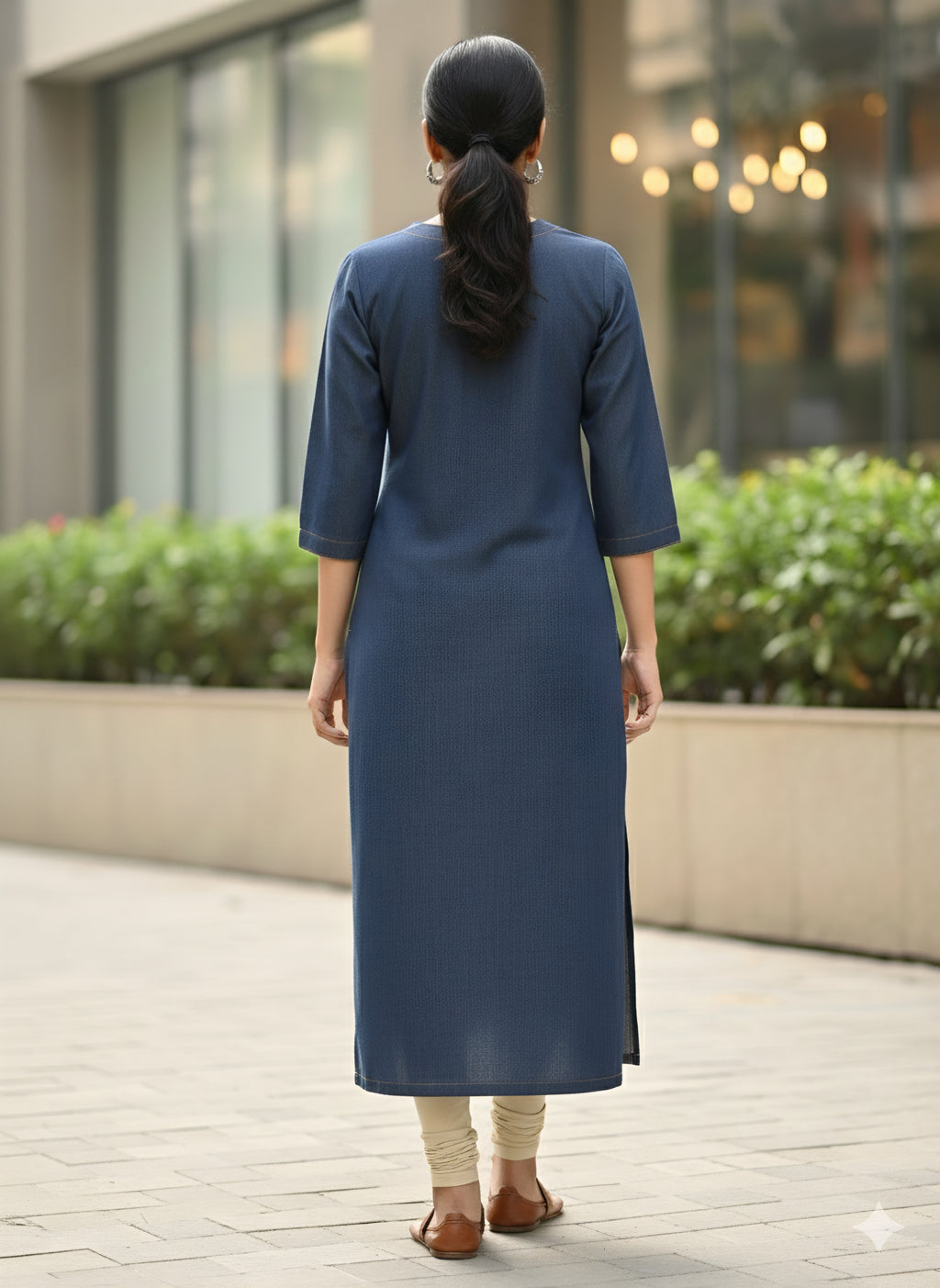 Premium Indigo Blue Denim Kurti with Vertical Gold Stitching