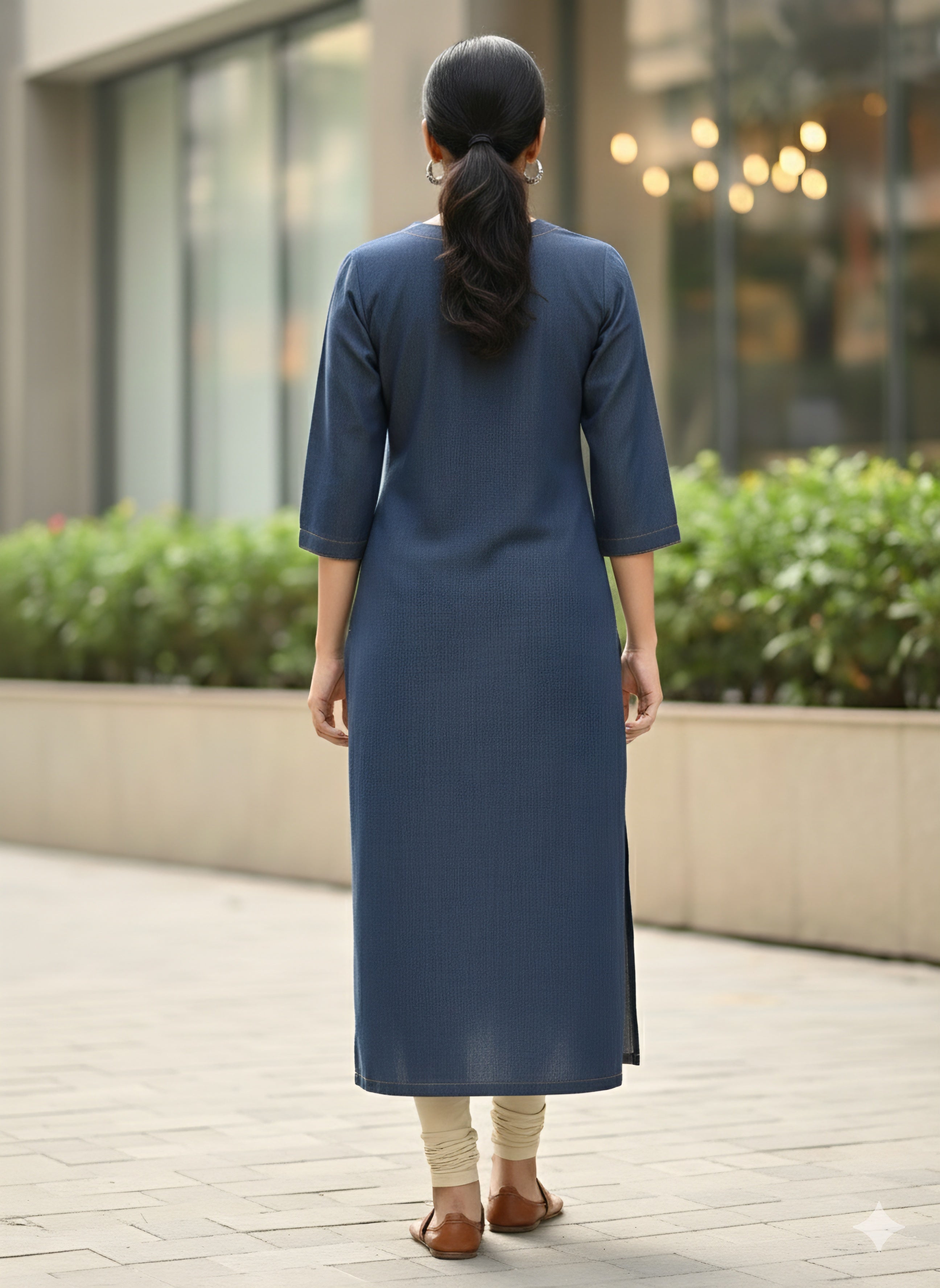 Premium Indigo Blue Denim Kurti with Vertical Gold Stitching