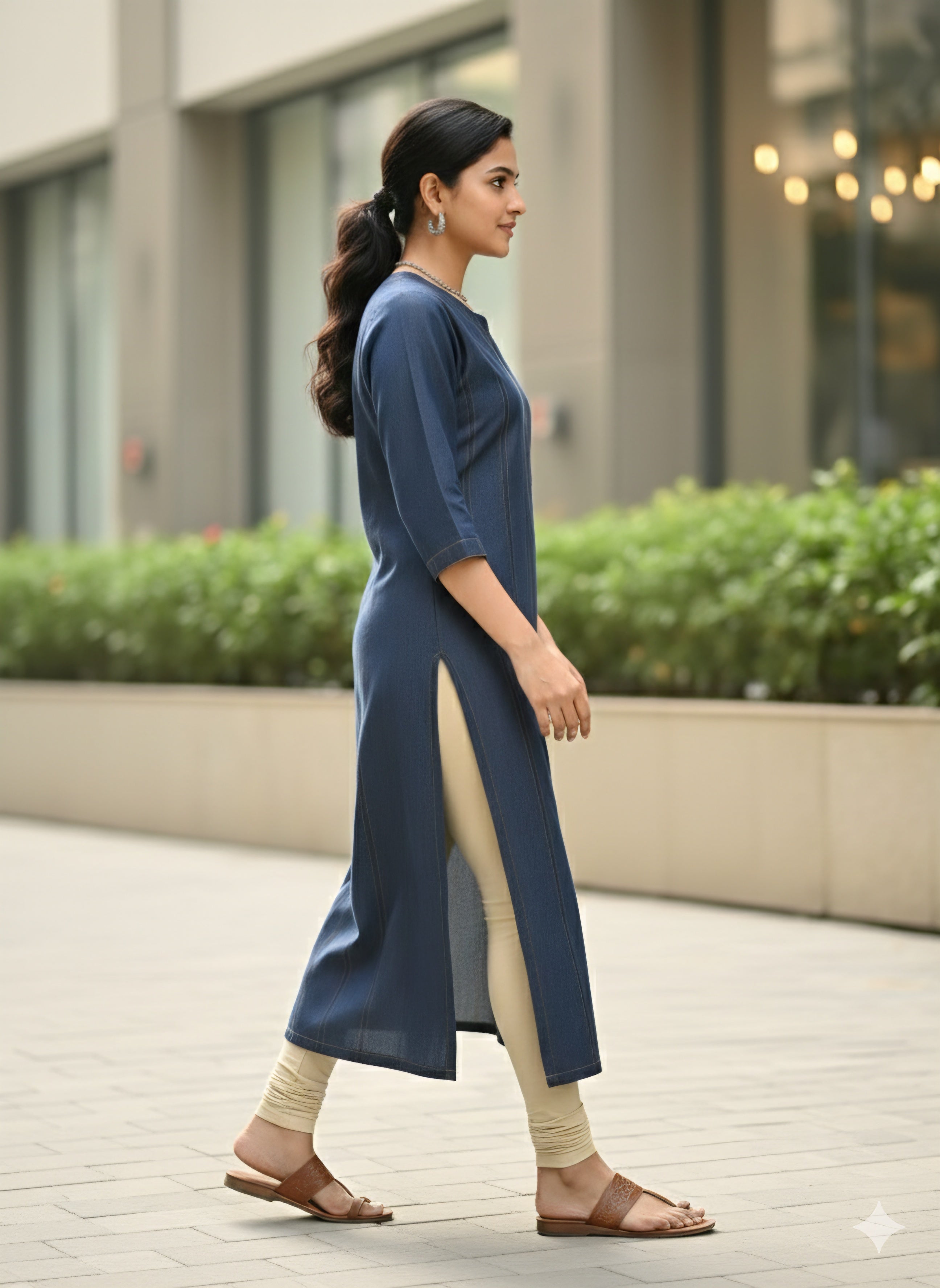 Premium Indigo Blue Denim Kurti with Vertical Gold Stitching