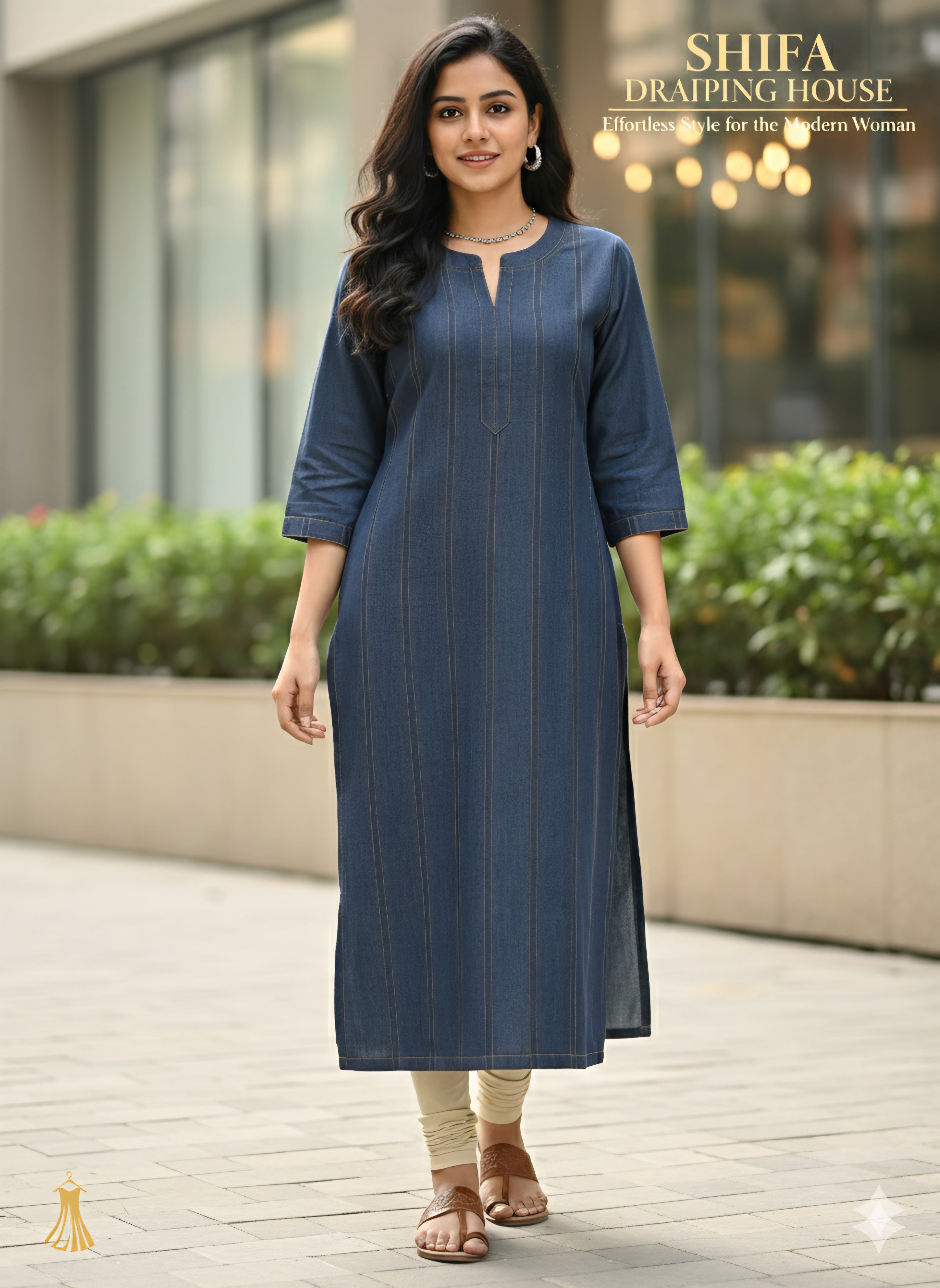 Premium Indigo Blue Denim Kurti with Vertical Gold Stitching