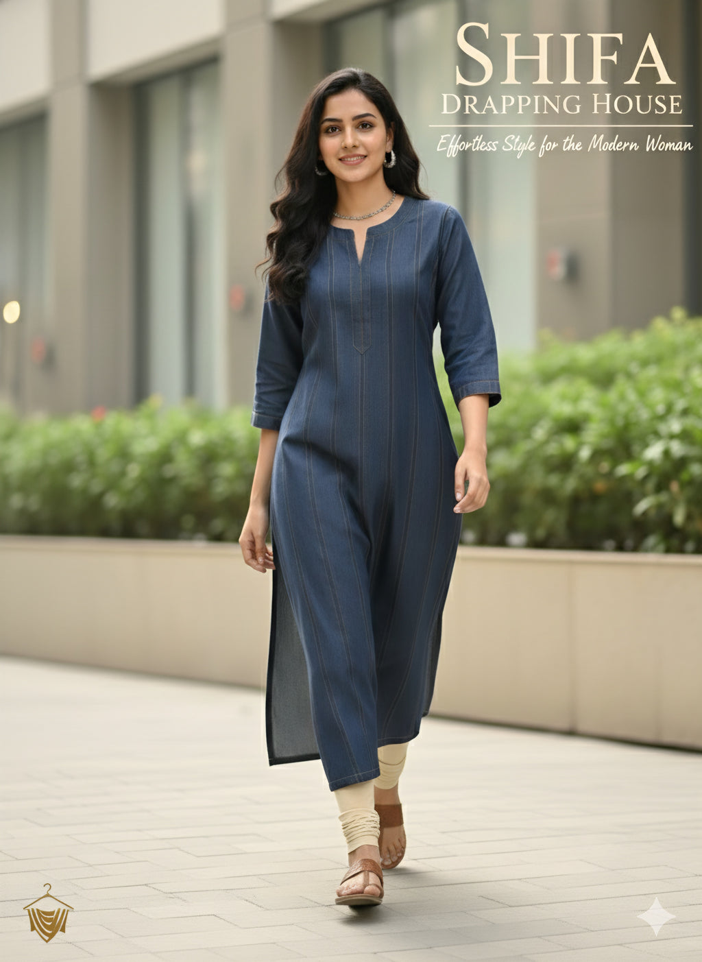 Premium Indigo Blue Denim Kurti with Vertical Gold Stitching