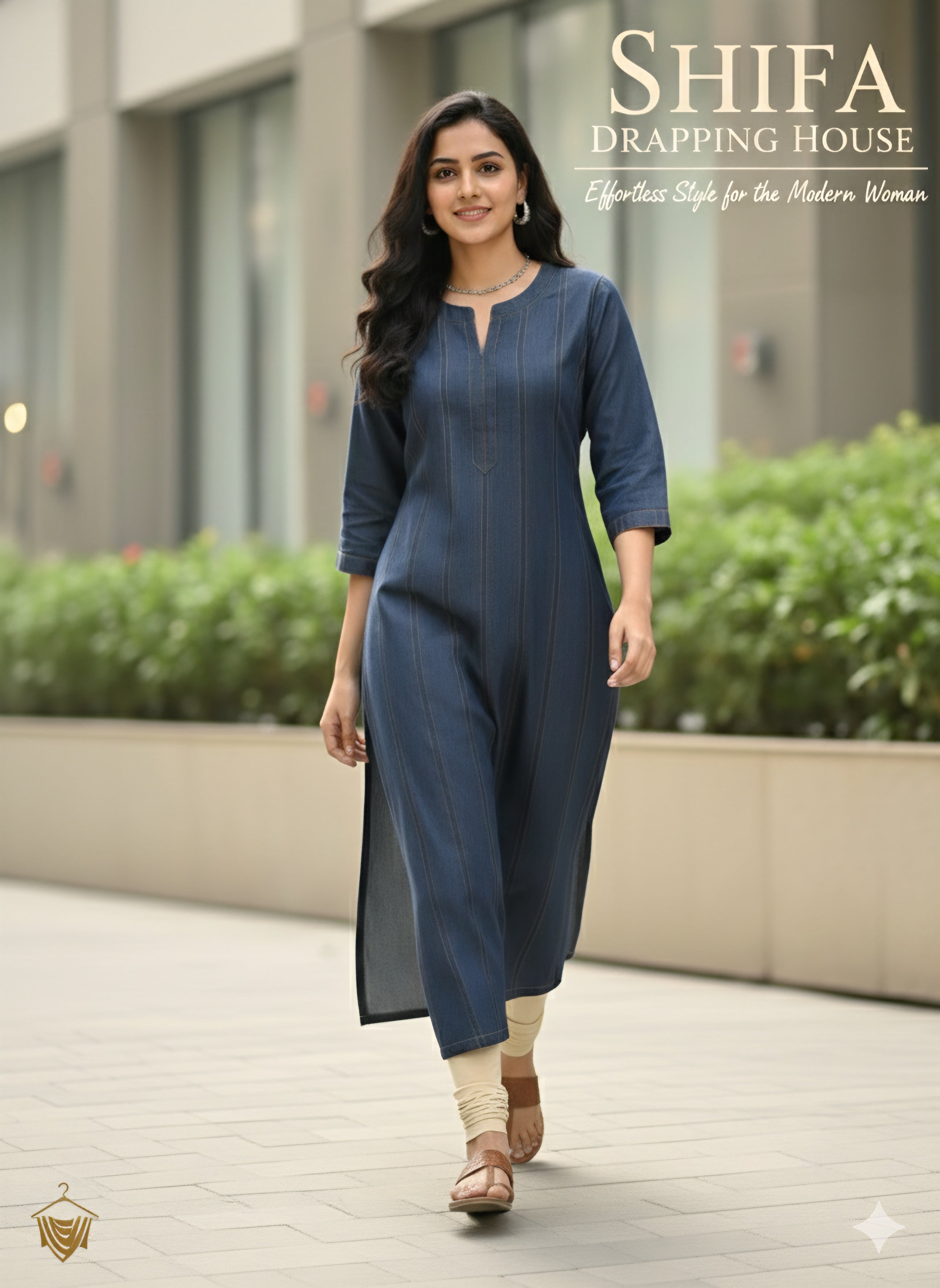 Premium Indigo Blue Denim Kurti with Vertical Gold Stitching