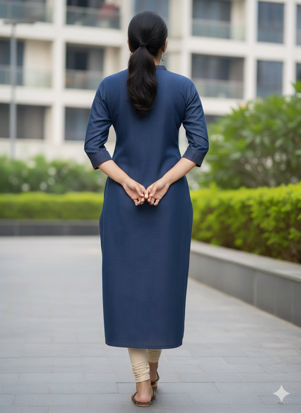 Stylish Straight Fit Blue Denim Kurti for Casual WearMandarin Collar with Button Details
