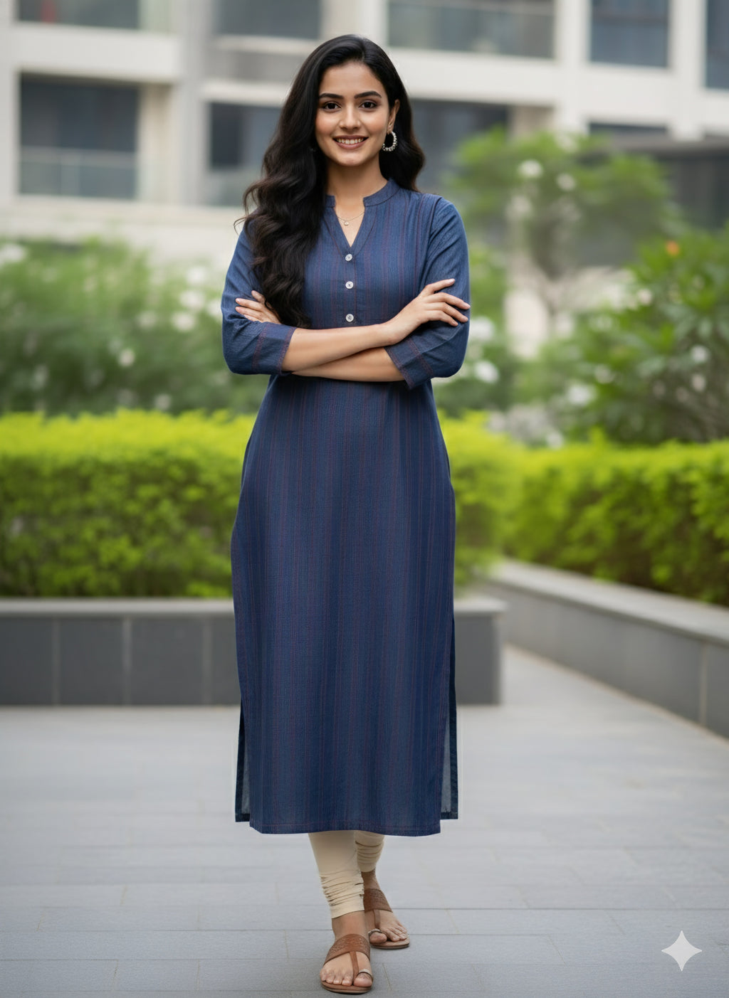Stylish Straight Fit Blue Denim Kurti for Casual WearMandarin Collar with Button Details