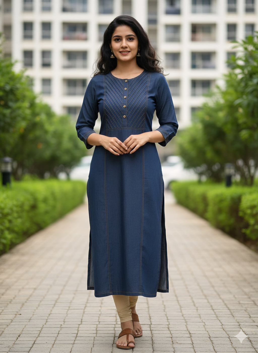 Premium Blue Denim Kurti for Women - Mandarin Collar with gold Stitching.with Button Work