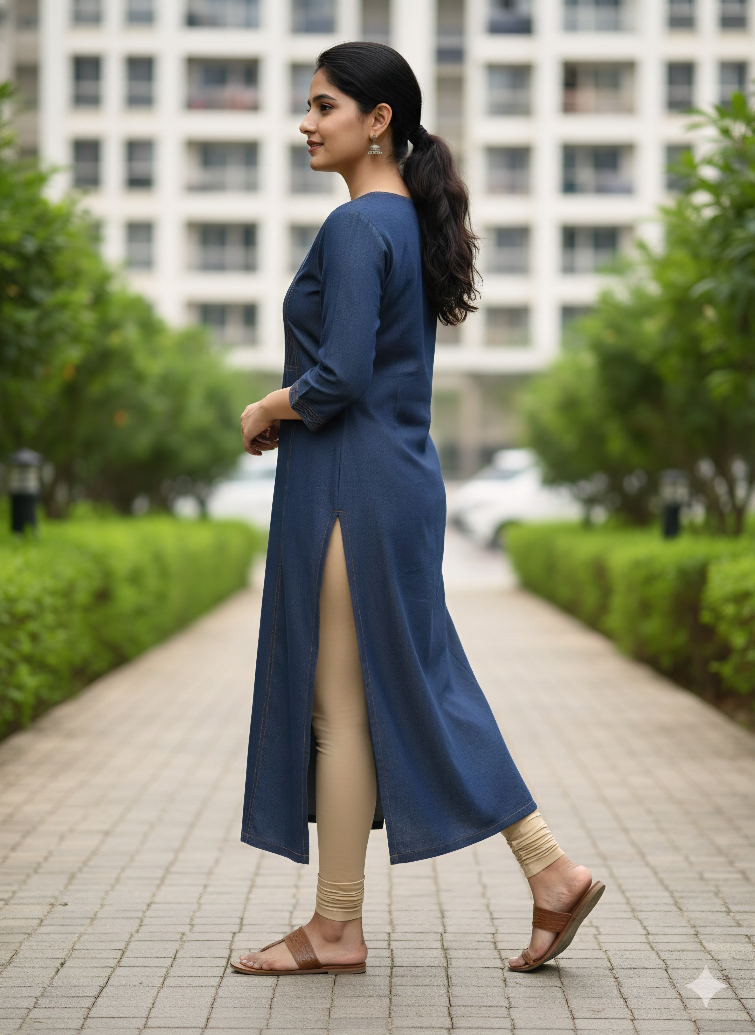Premium Blue Denim Kurti for Women - Mandarin Collar with gold Stitching.with Button Work