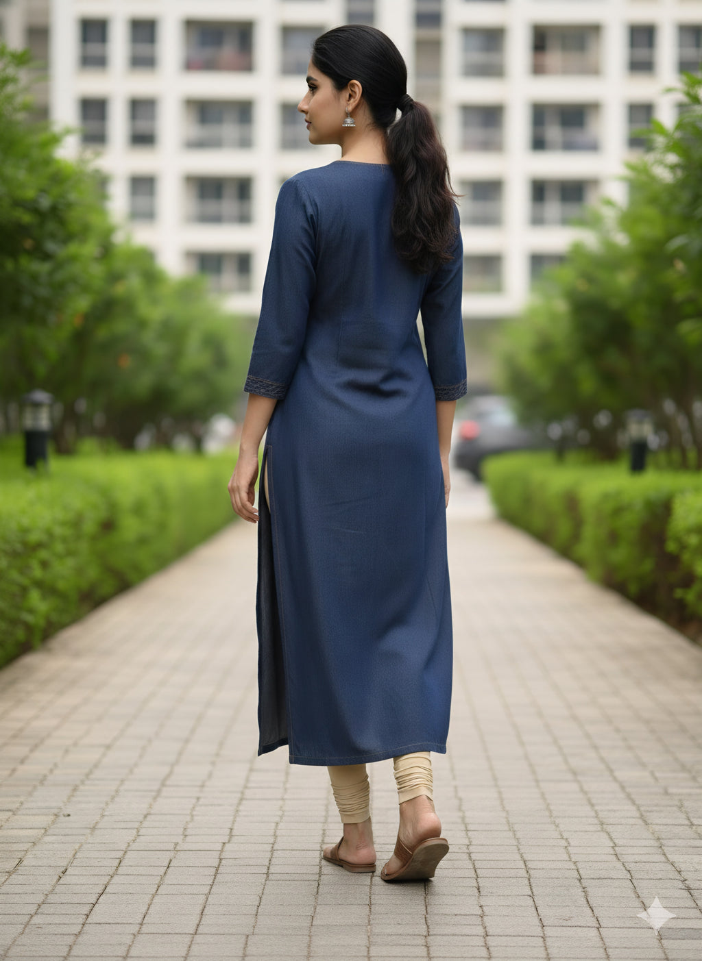 Premium Blue Denim Kurti for Women - Mandarin Collar with gold Stitching.with Button Work