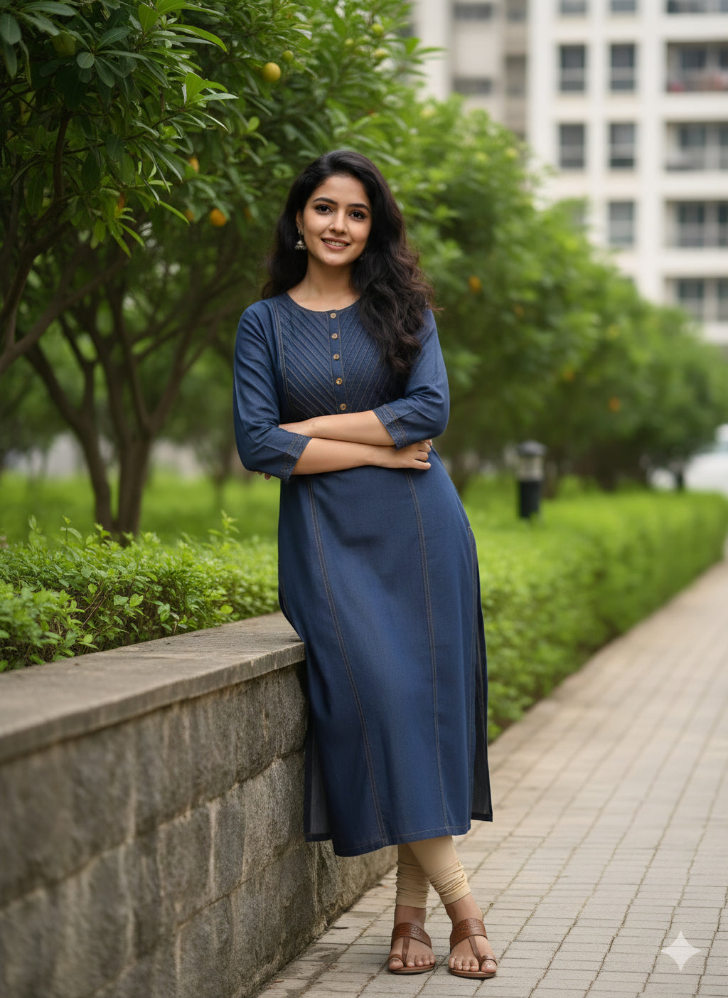 Premium Blue Denim Kurti for Women - Mandarin Collar with gold Stitching.with Button Work