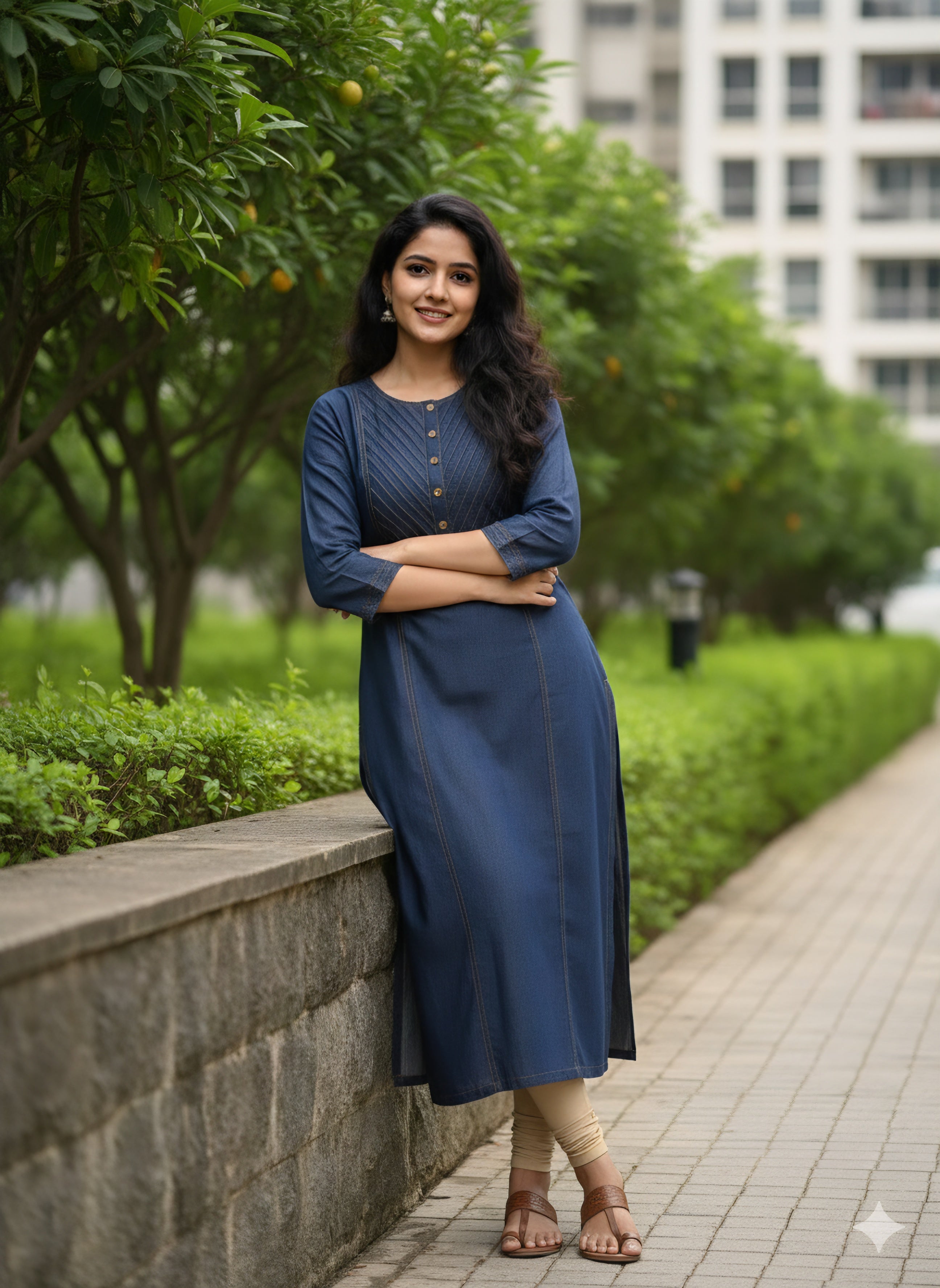 Premium Blue Denim Kurti for Women - Mandarin Collar with gold Stitching.with Button Work