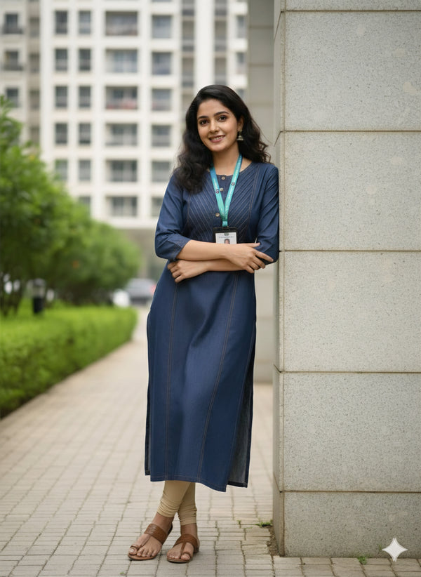 Premium Blue Denim Kurti for Women - Mandarin Collar with gold Stitching.with Button Work