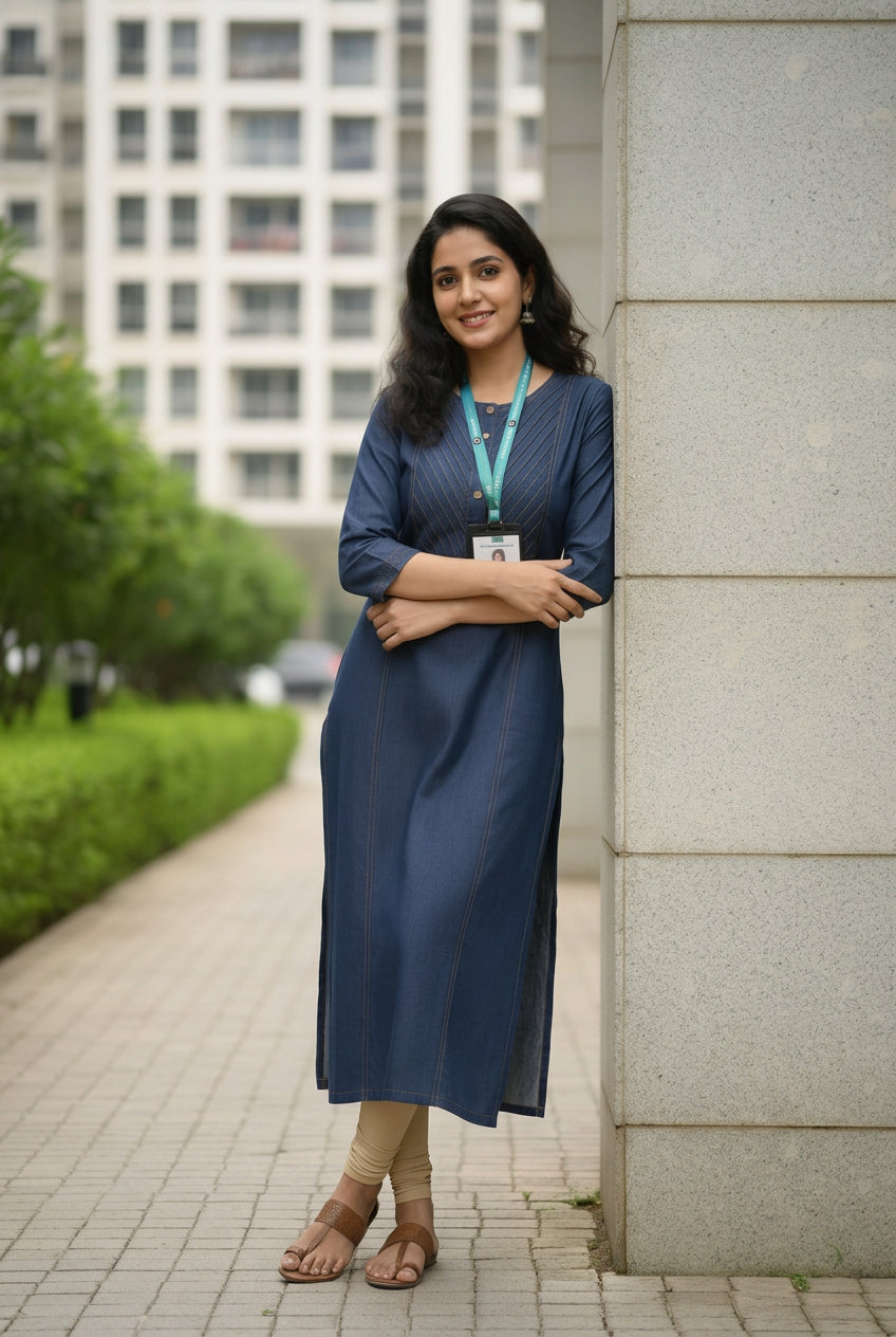 Premium Blue Denim Kurti for Women - bot neck with gold Stitching.with Button Work