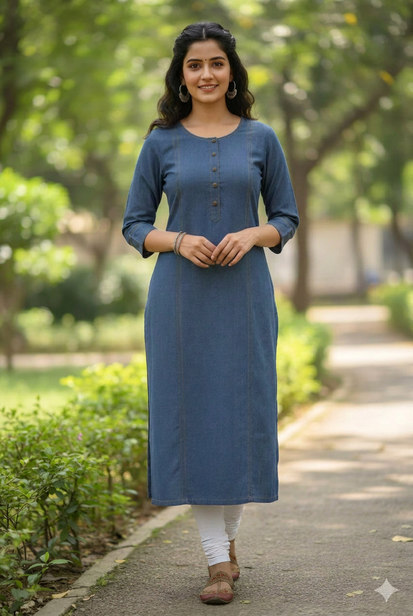 Premium Women's Indigo Blue Denim Straight Kurti - Classic Casual Wear