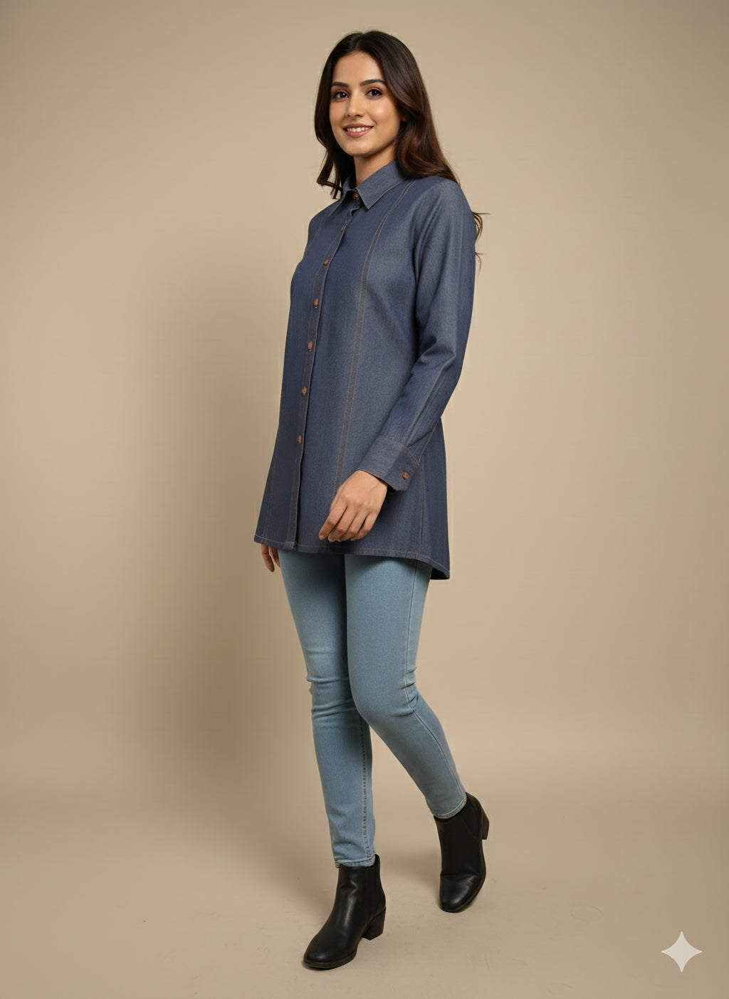 Premium Indigo Longline Denim Shirt for Women with Vertical Panel Detail