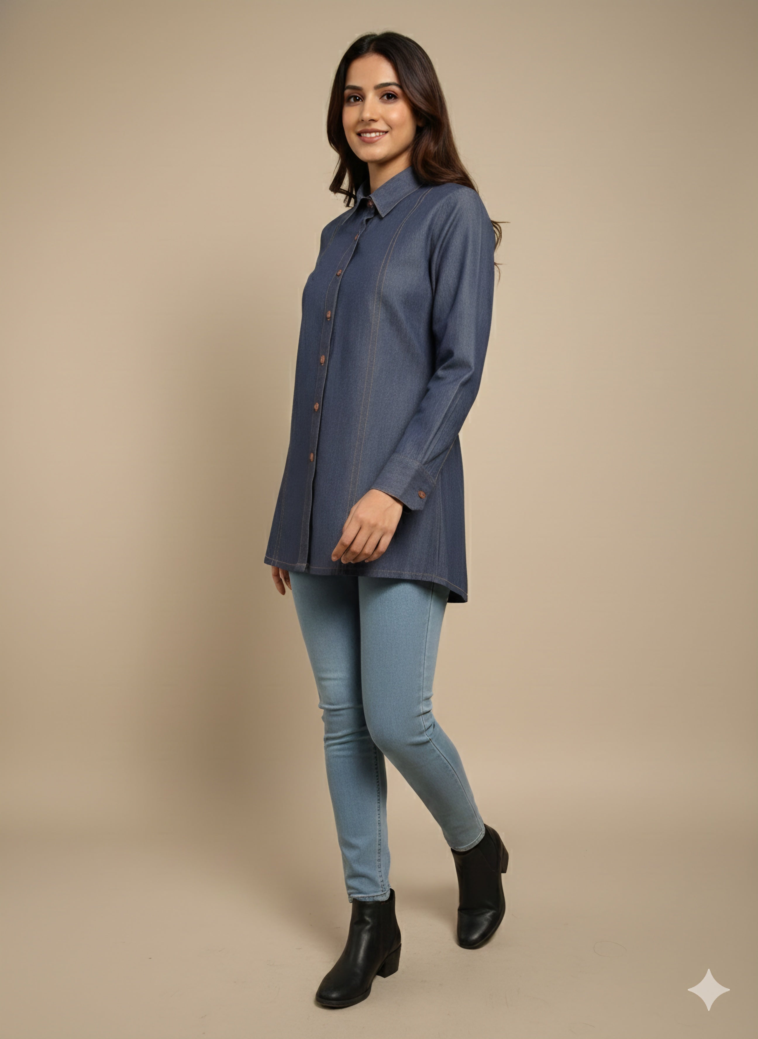 Premium Indigo Longline Denim Shirt for Women with Vertical Panel Detail
