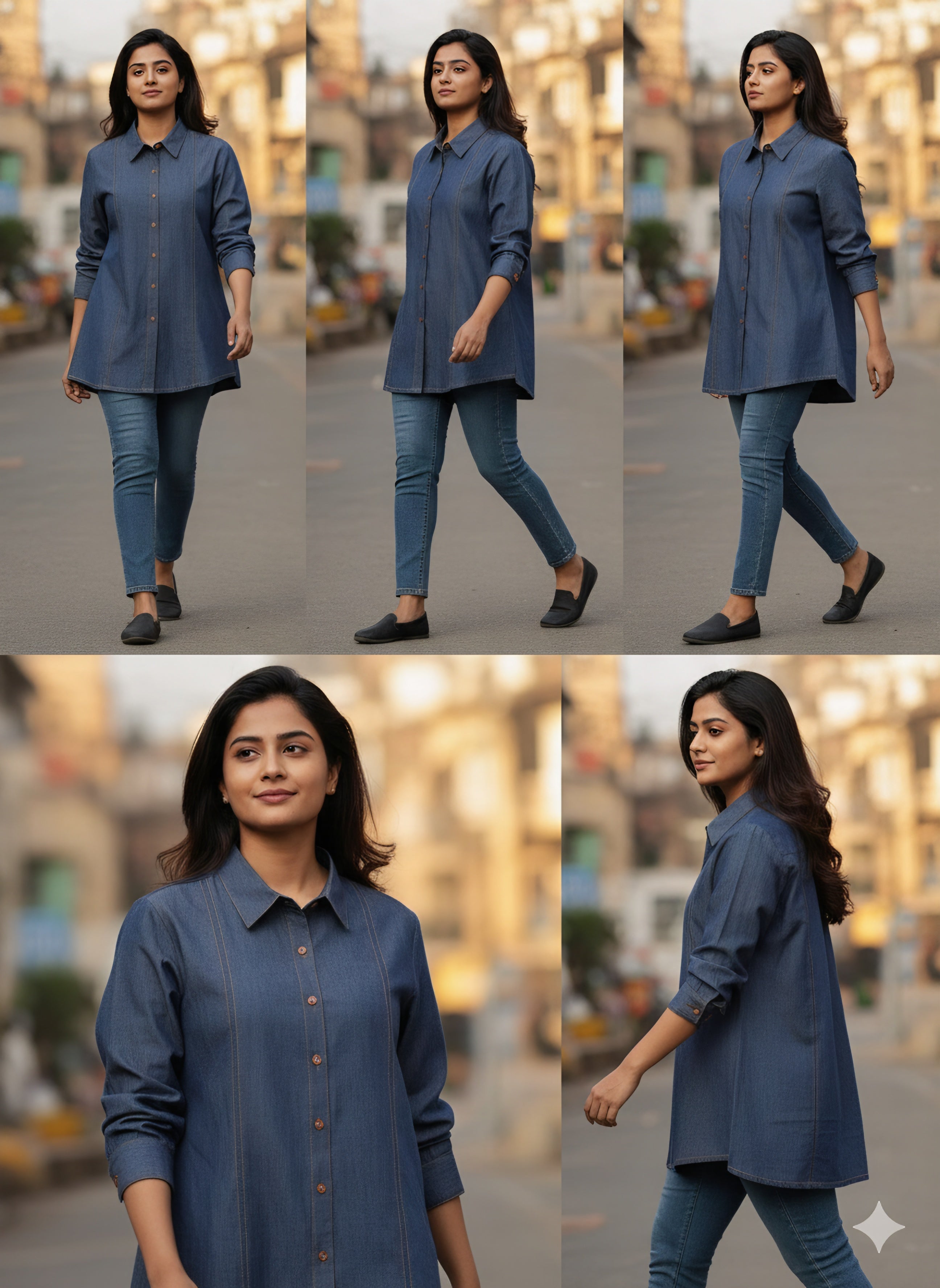 Premium Indigo Longline Denim Shirt for Women with Vertical Panel Detail
