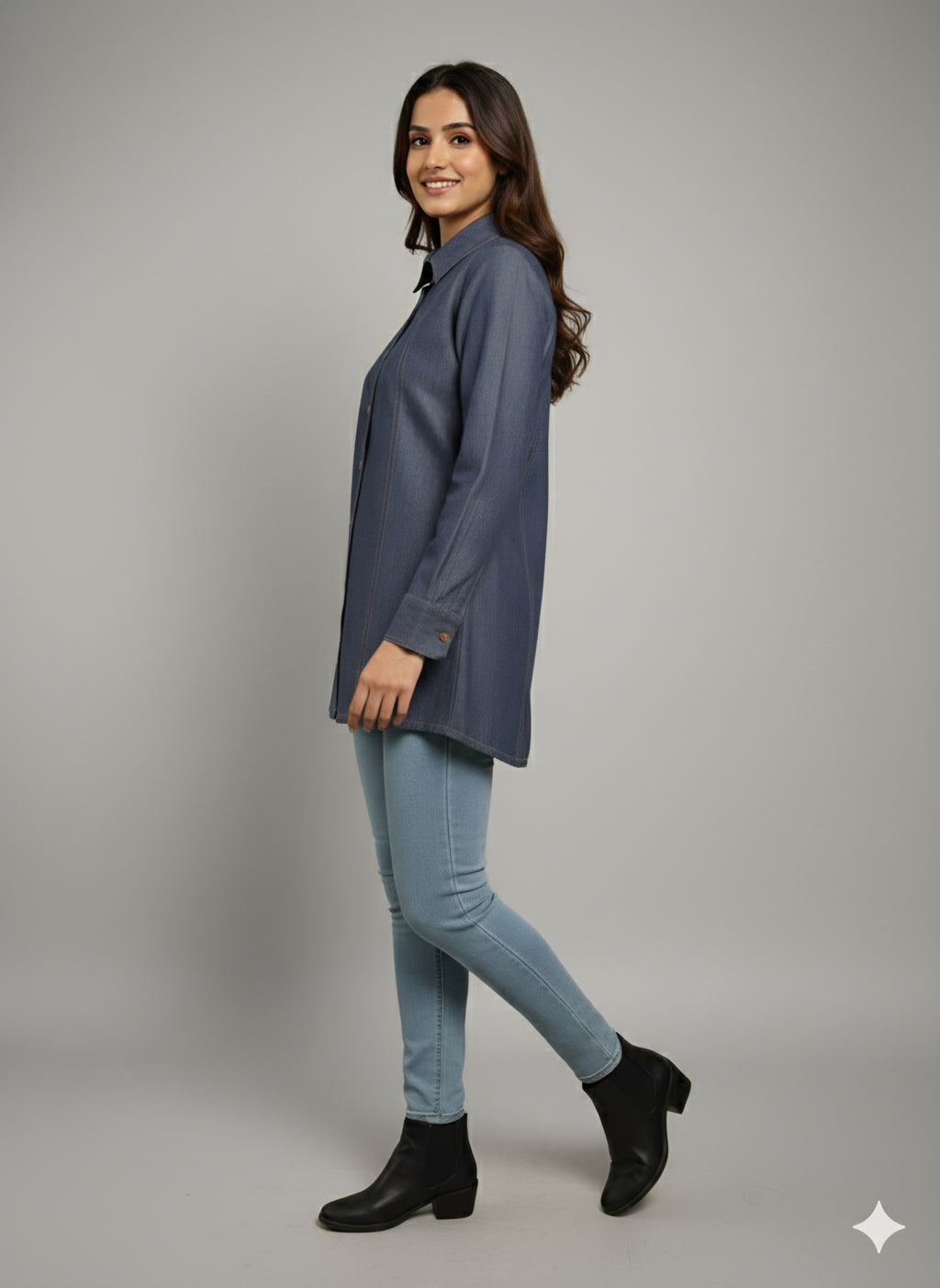 Premium Indigo Longline Denim Shirt for Women with Vertical Panel Detail
