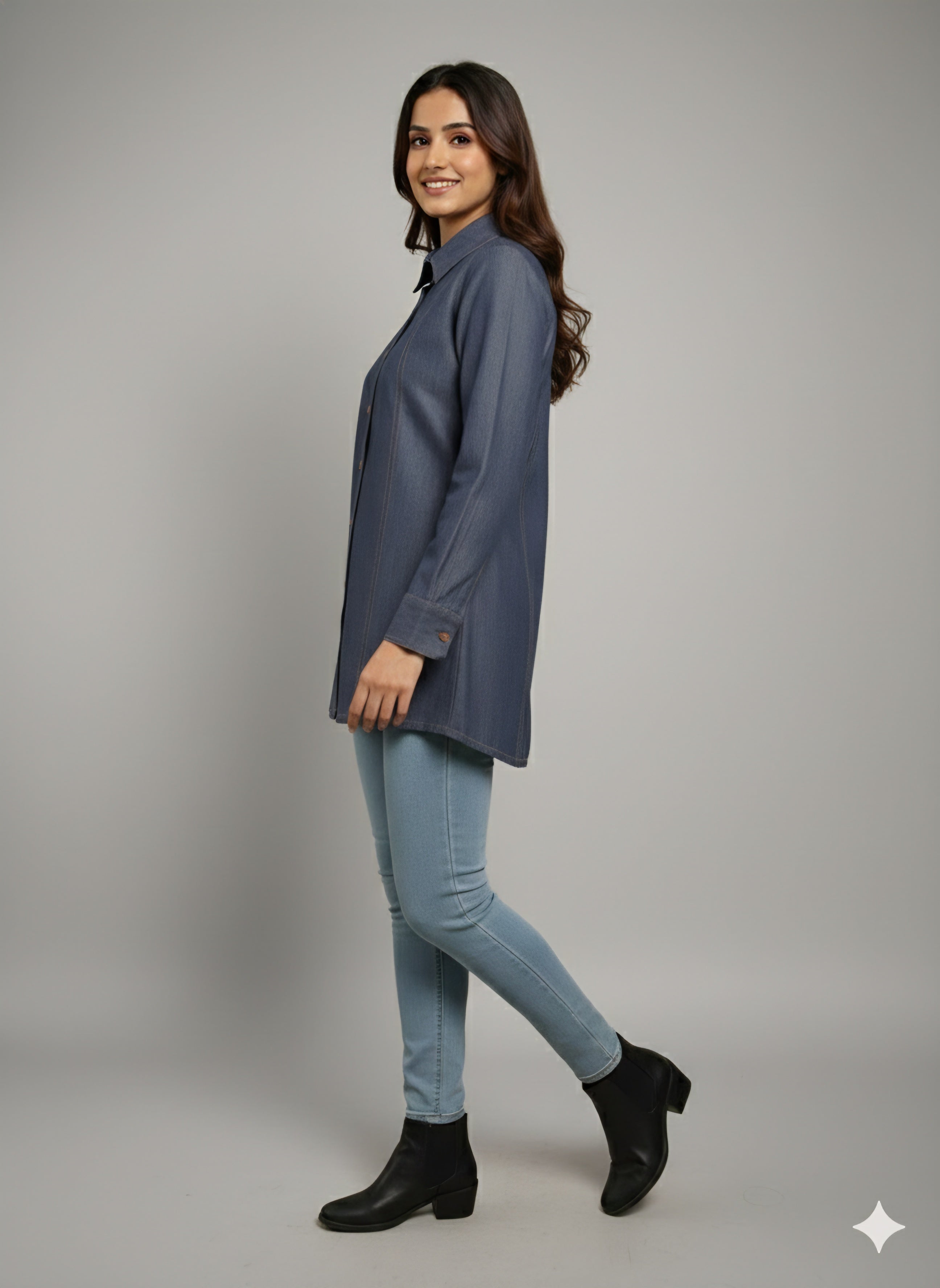 Premium Indigo Longline Denim Shirt for Women with Vertical Panel Detail