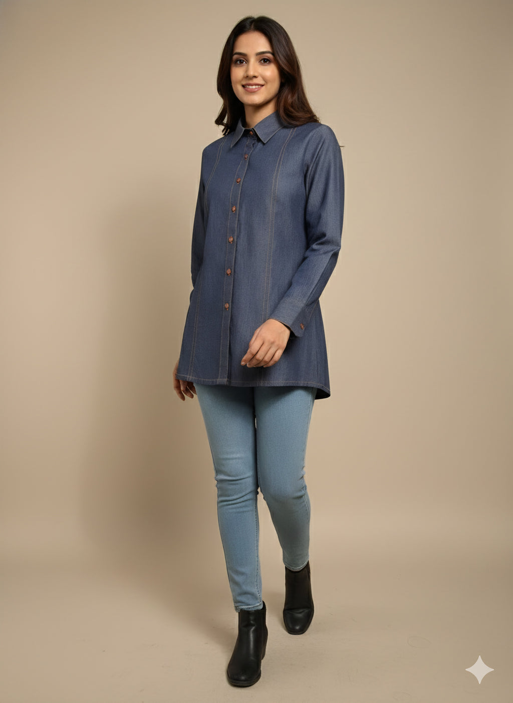 Premium Indigo Longline Denim Shirt for Women with Vertical Panel Detail