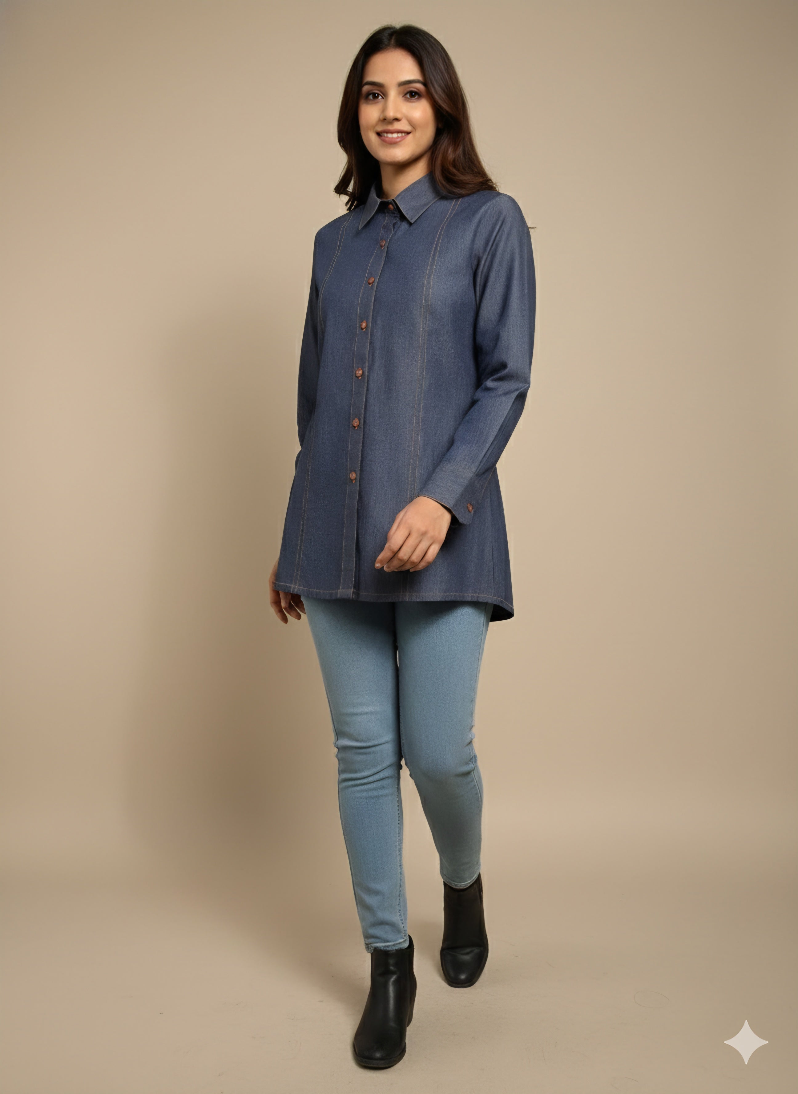 Premium Indigo Longline Denim Shirt for Women with Vertical Panel Detail