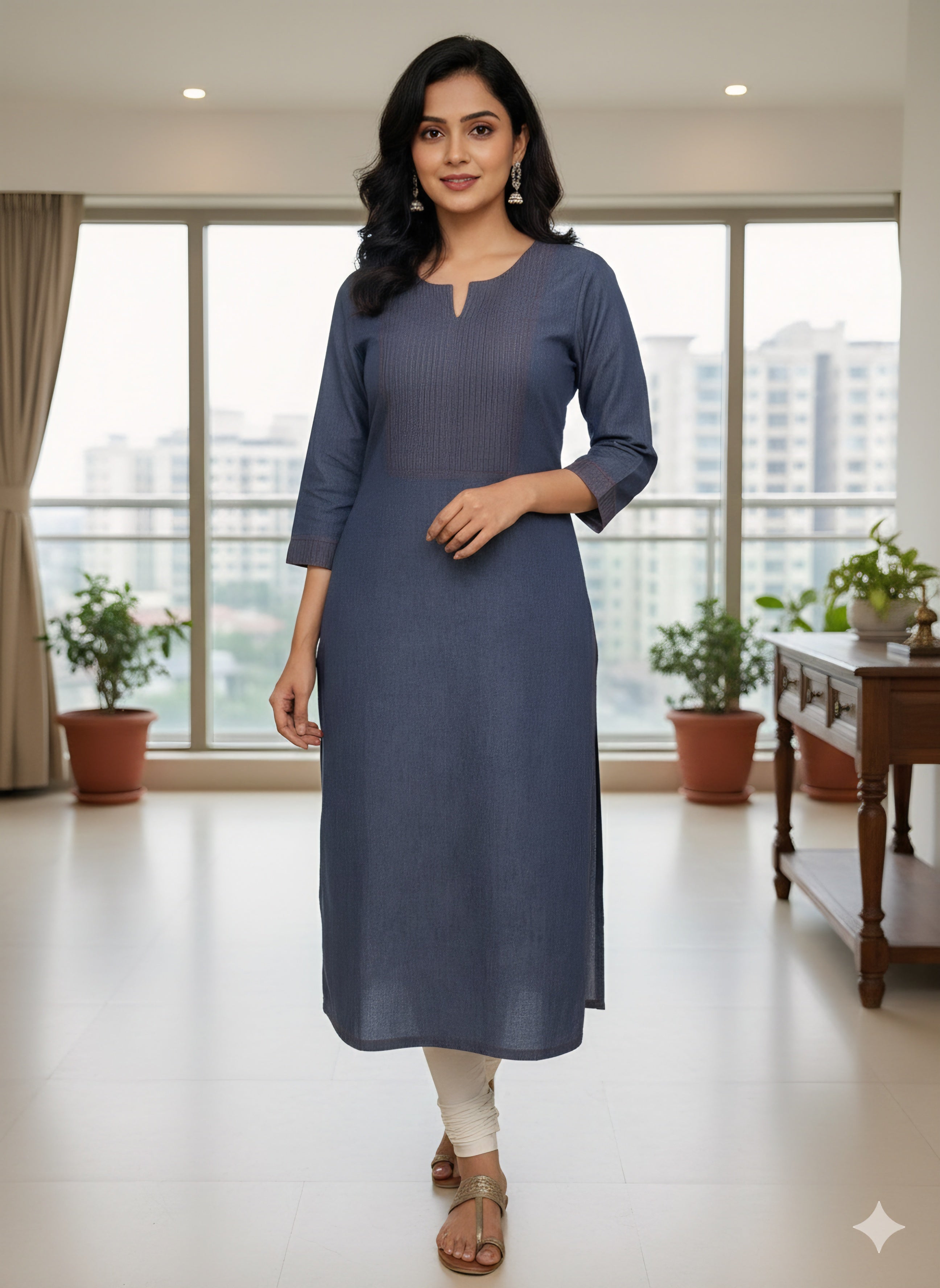 Elegant Denim Straight Kurti - Pintuck Yoke Design.Indigo Blue Cotton Denim Kurti for Women | Office & Casual Wear