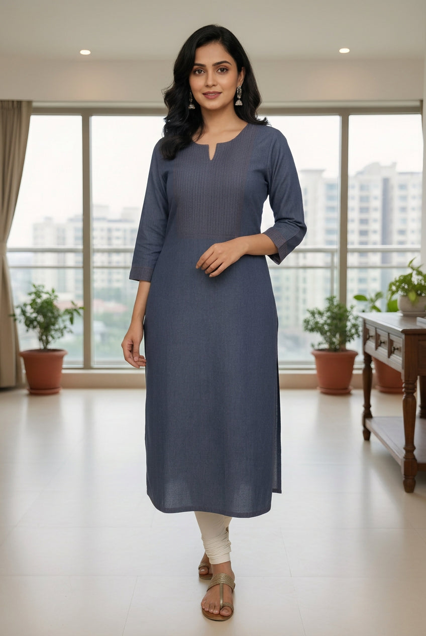 Elegant Denim Straight Kurti - Pintuck Yoke Design.Indigo Blue Cotton Denim Kurti for Women | Office & Casual Wear