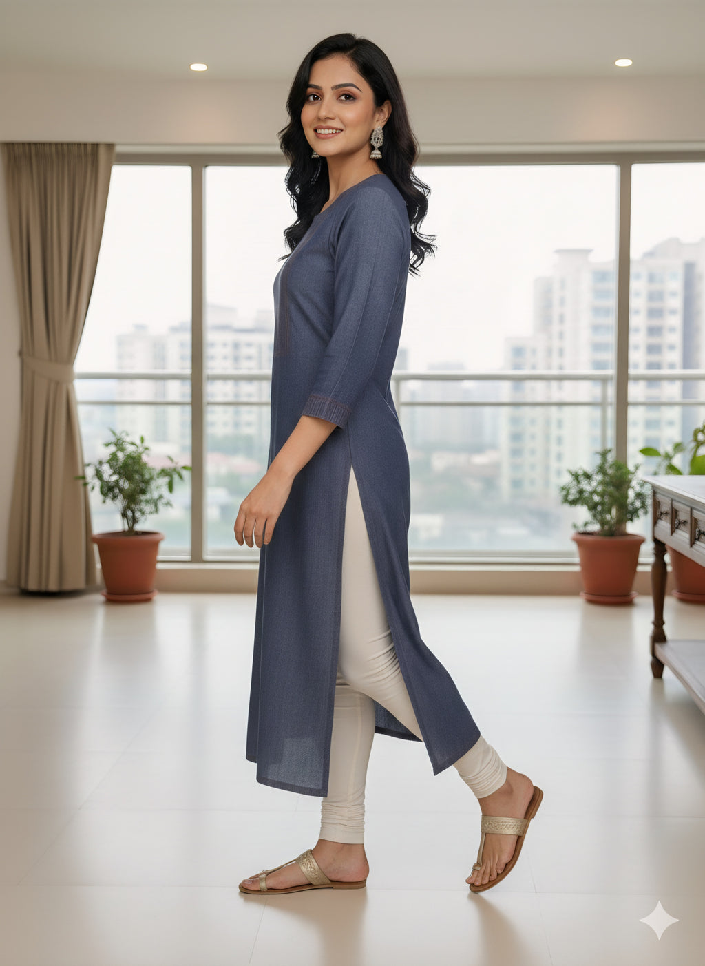Elegant Denim Straight Kurti - Pintuck Yoke Design.Indigo Blue Cotton Denim Kurti for Women | Office & Casual Wear