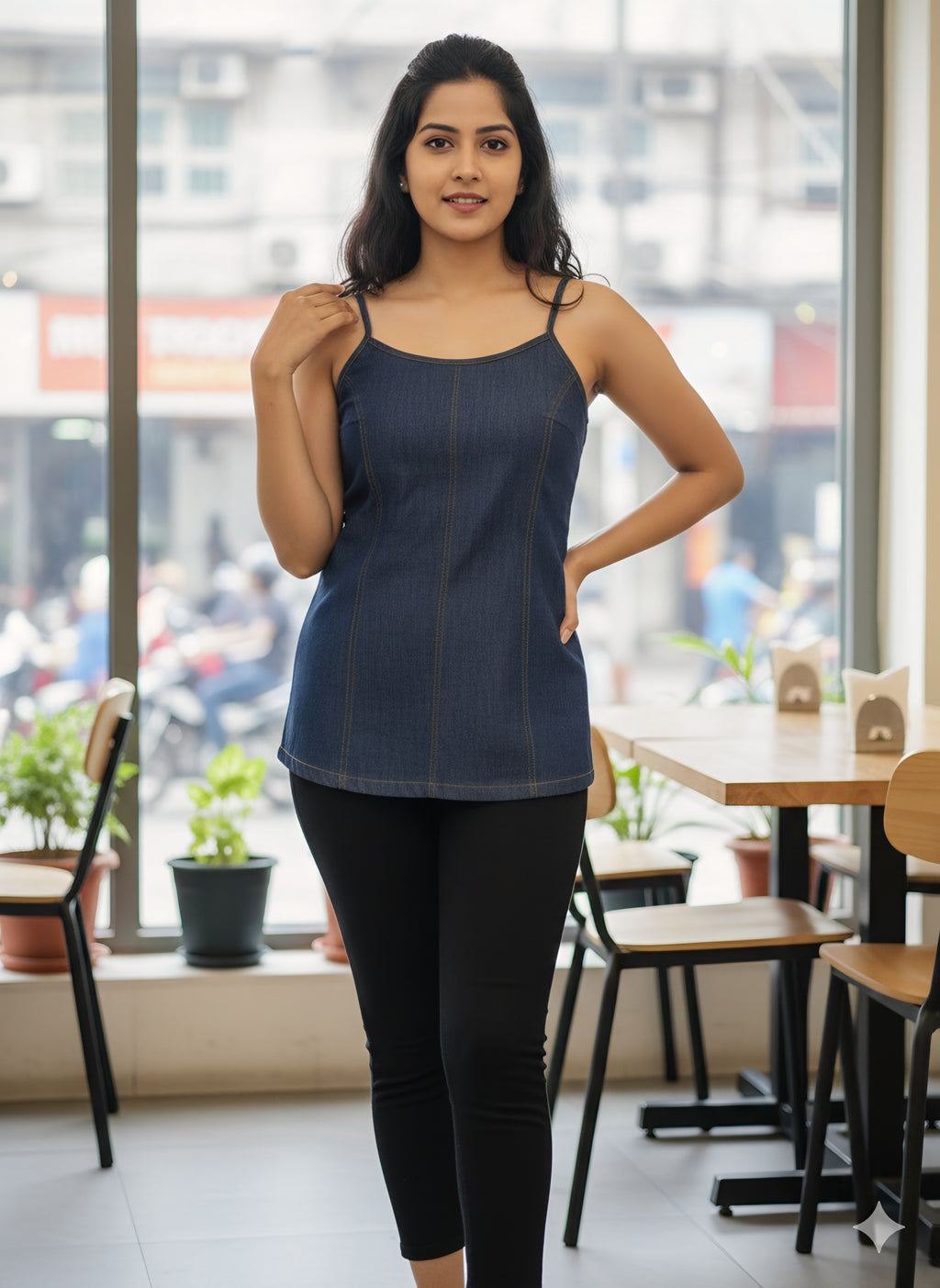 Premium Dark Wash Denim Spaghetti Strap Camisole - Contrast Stitching Detail