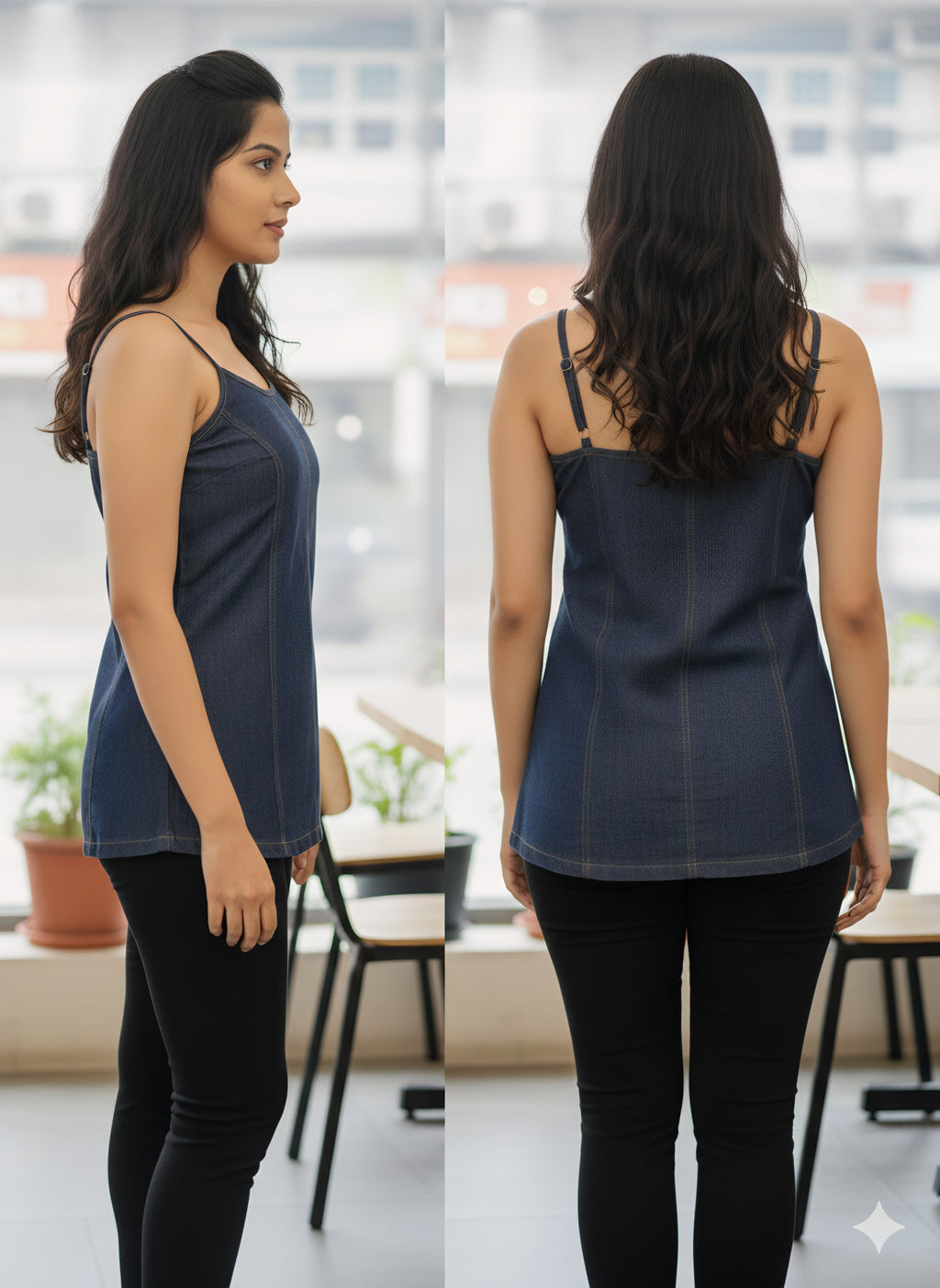 Premium Dark Wash Denim Spaghetti Strap Camisole - Contrast Stitching Detail