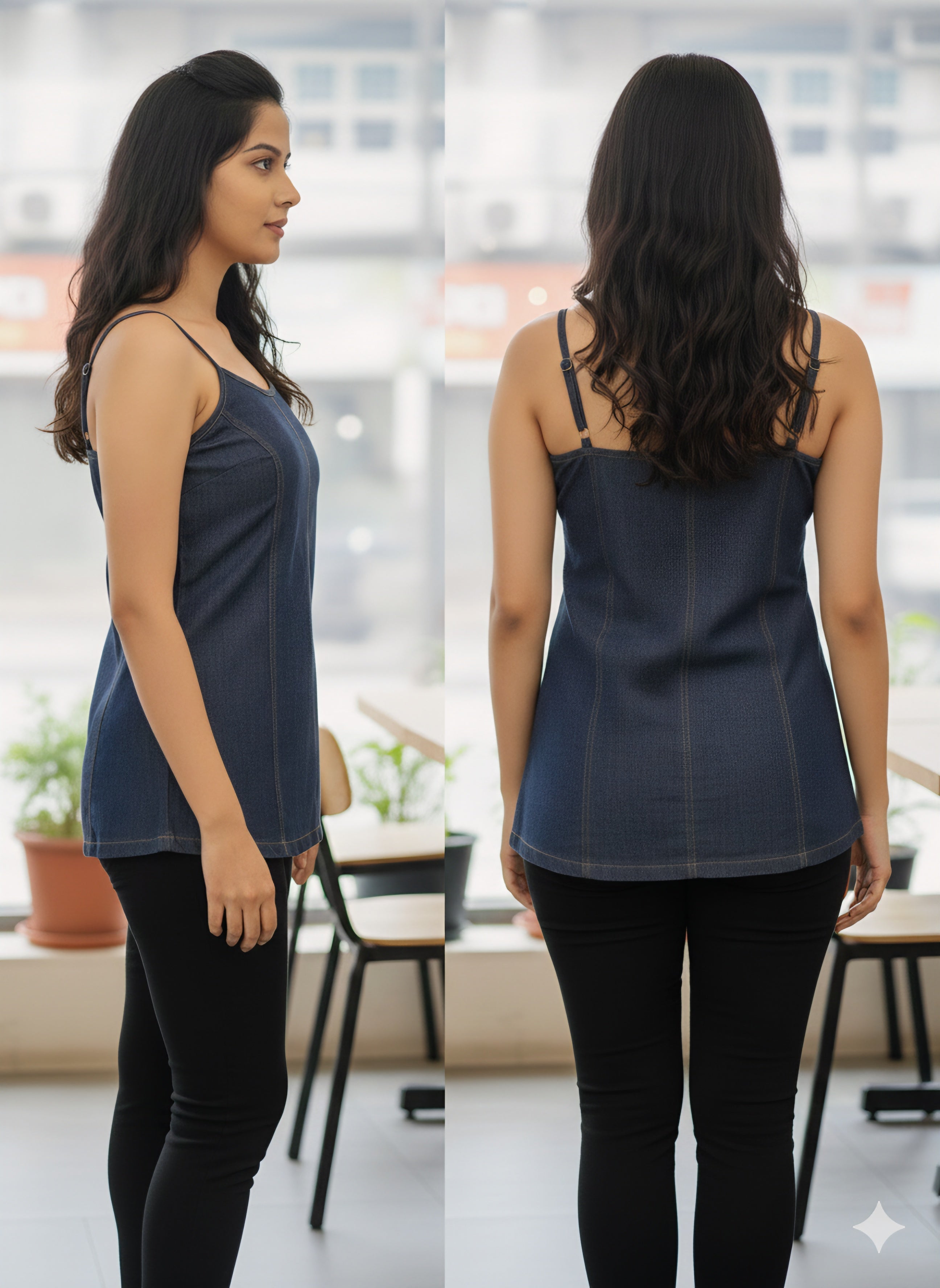 Premium Dark Wash Denim Spaghetti Strap Camisole - Contrast Stitching Detail