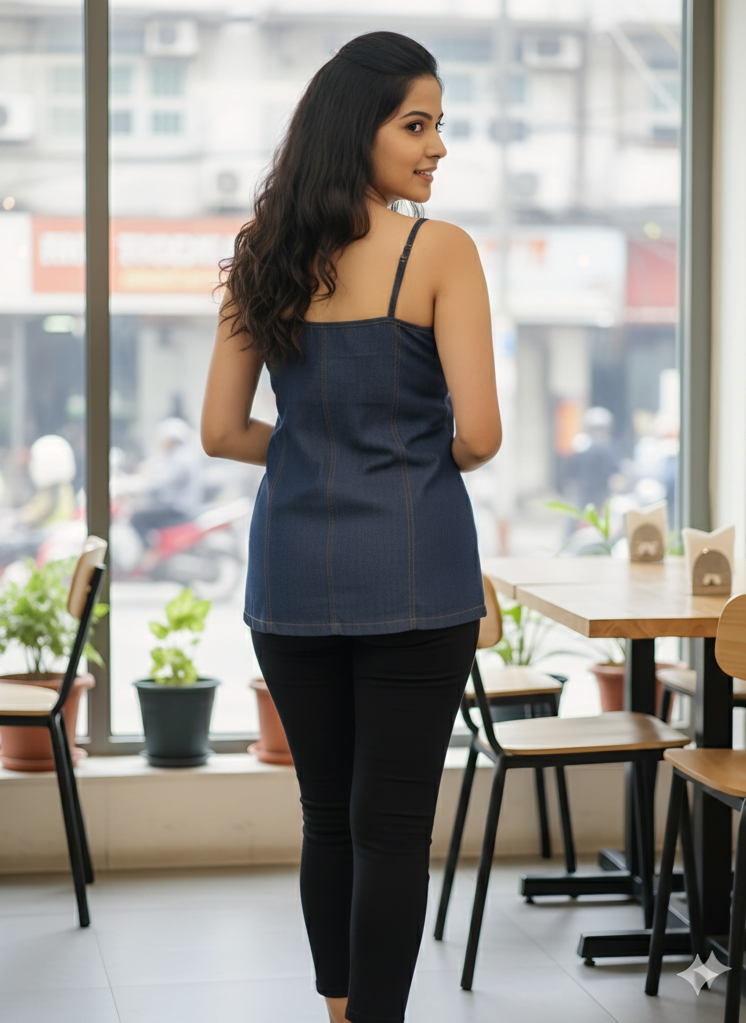 Premium Dark Wash Denim Spaghetti Strap Camisole - Contrast Stitching Detail