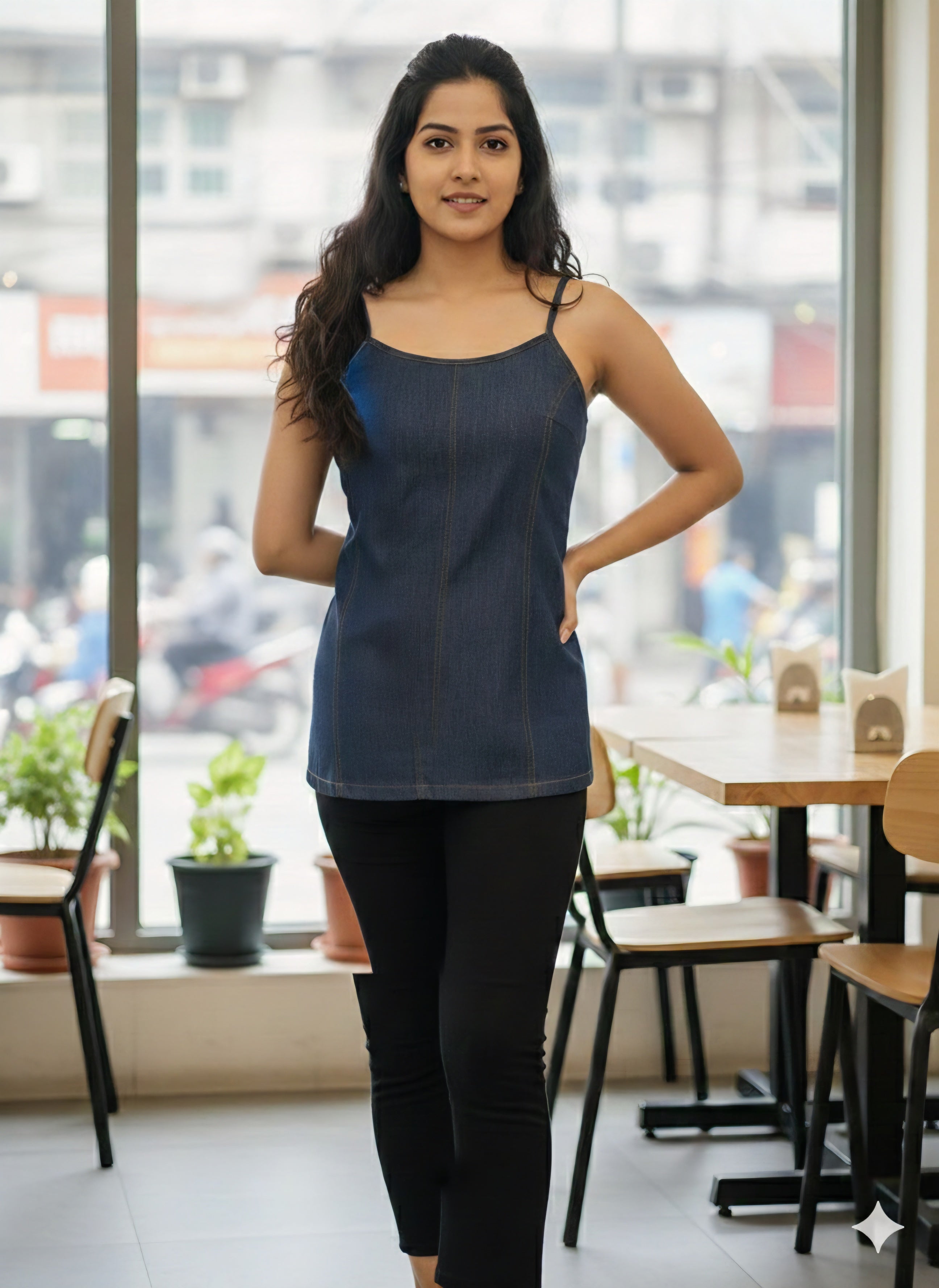 Premium Dark Wash Denim Spaghetti Strap Camisole - Contrast Stitching Detail