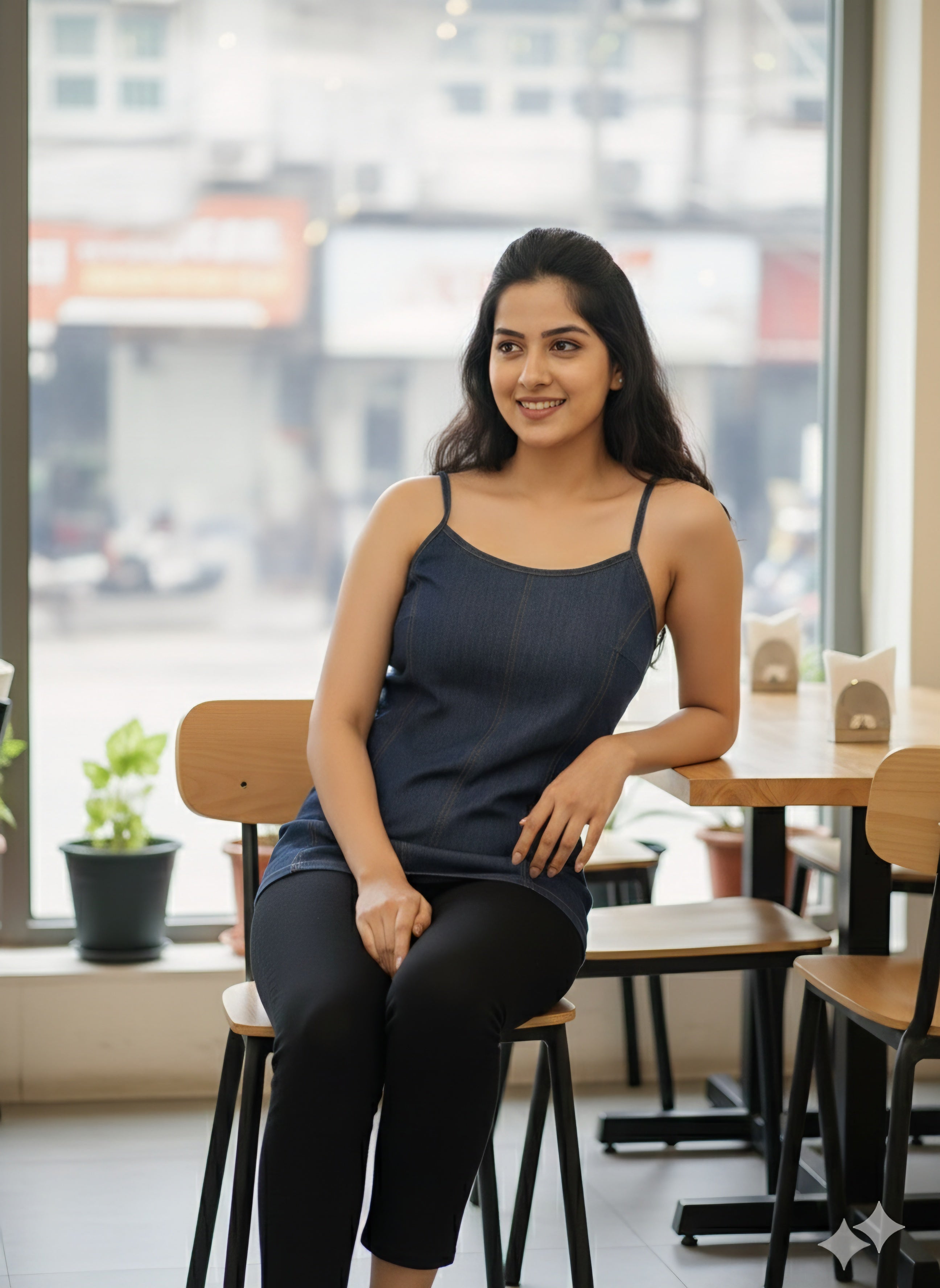 Premium Dark Wash Denim Spaghetti Strap Camisole - Contrast Stitching Detail