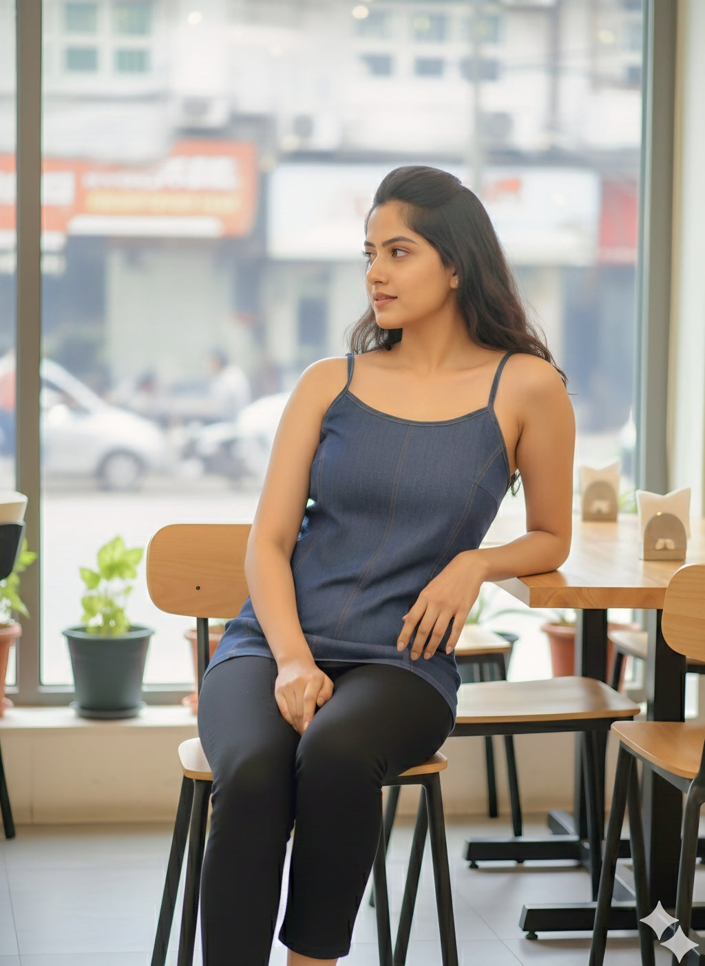 Premium Dark Wash Denim Spaghetti Strap Camisole - Contrast Stitching Detail