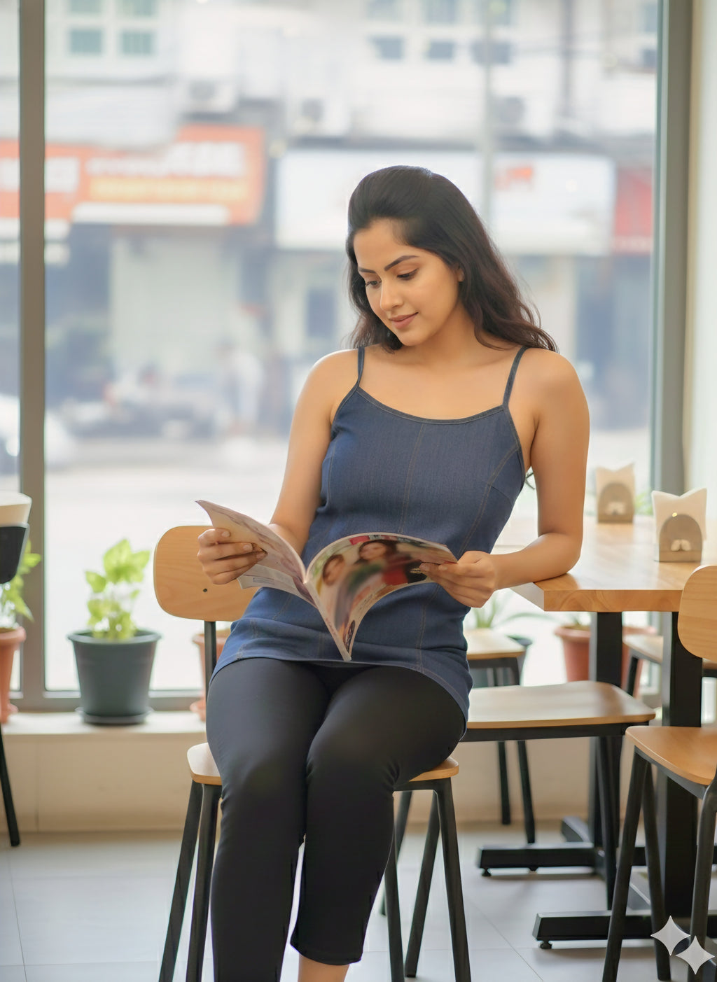 Premium Dark Wash Denim Spaghetti Strap Camisole - Contrast Stitching Detail