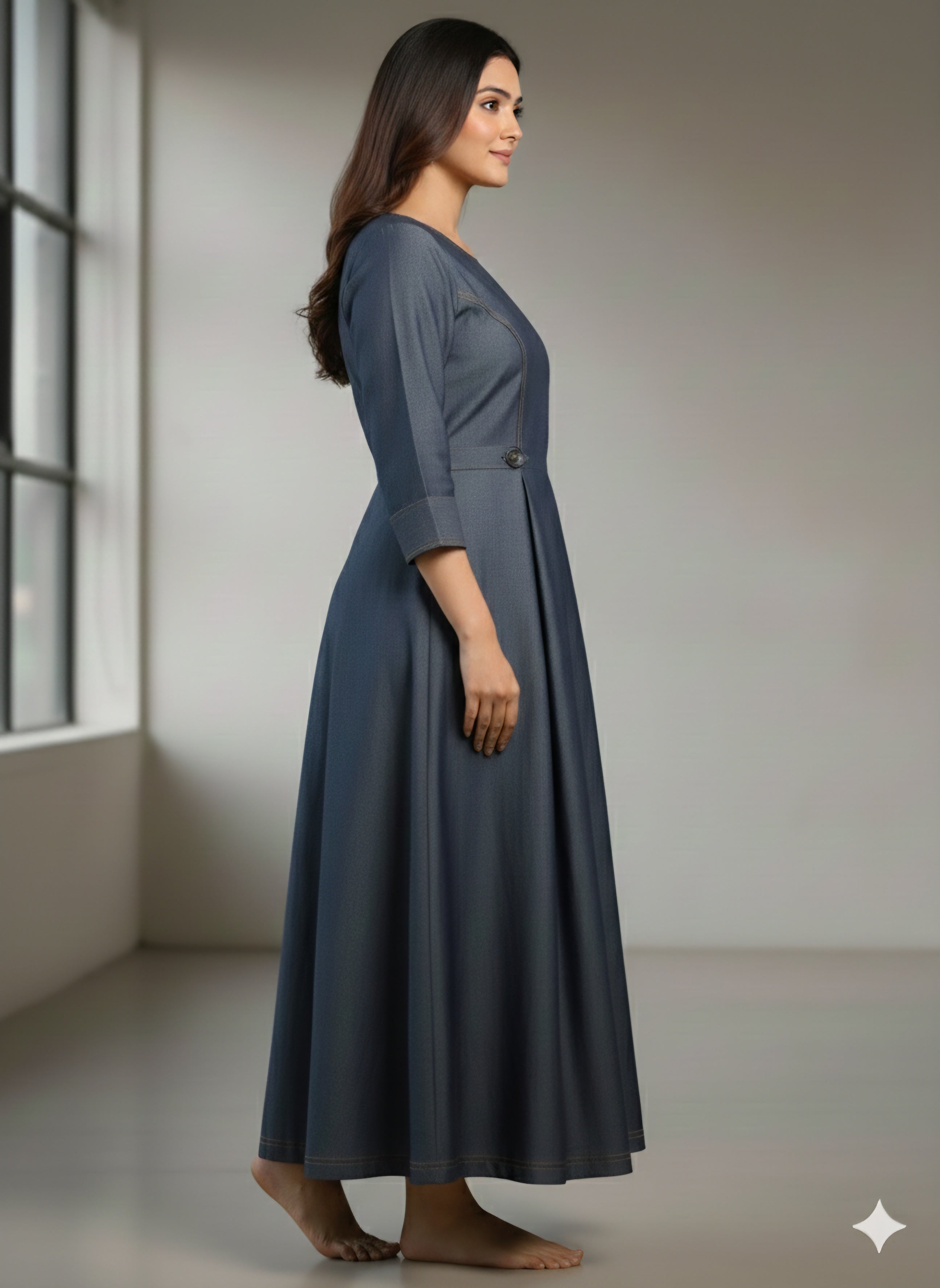 Elegant Indigo Denim A-Line Maxi Dress with Contrast StitchingPrincess Cut with Button Details